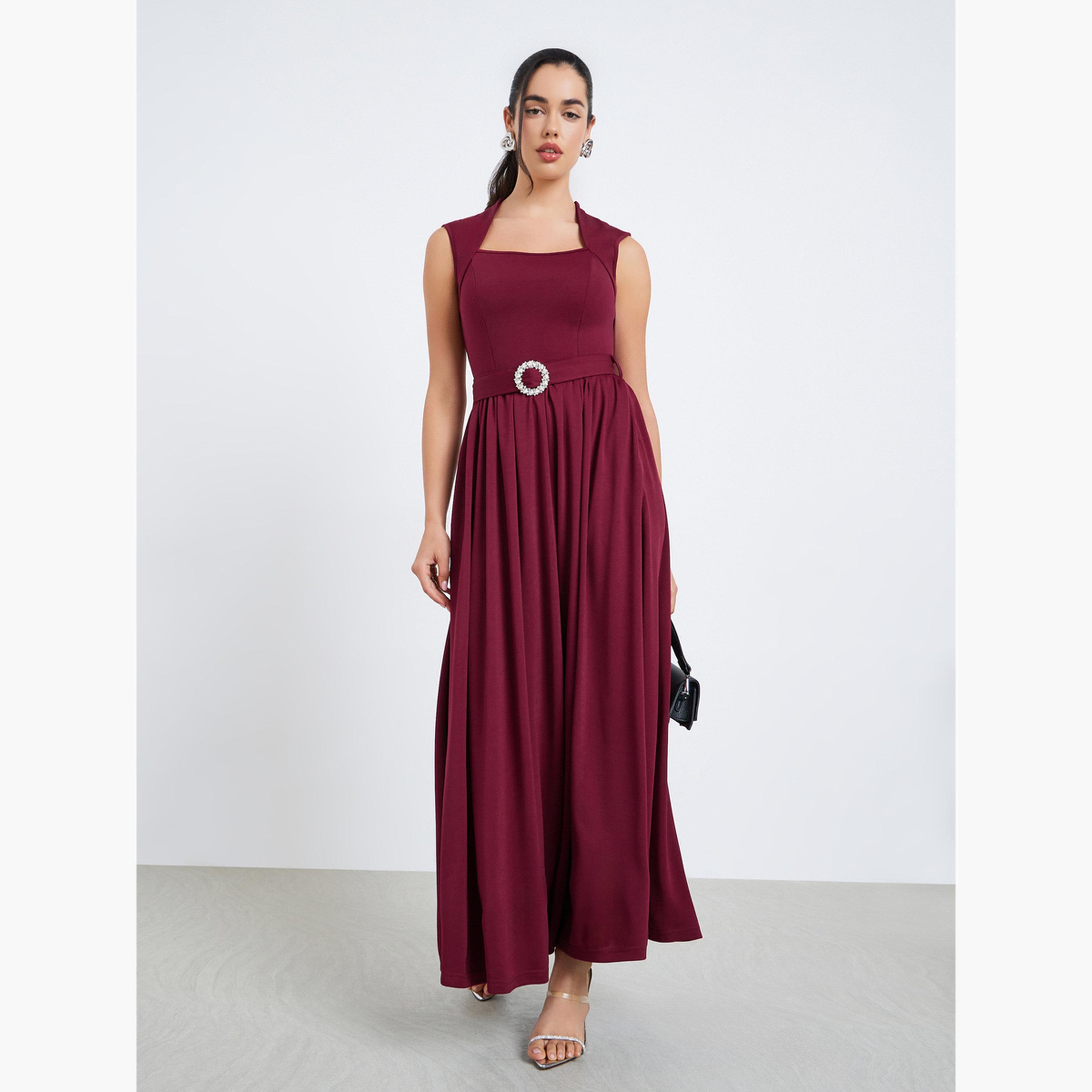 Styli Women Burgundy A-Line Maxi Dress with Belt-women-clothing-dresses-image-3