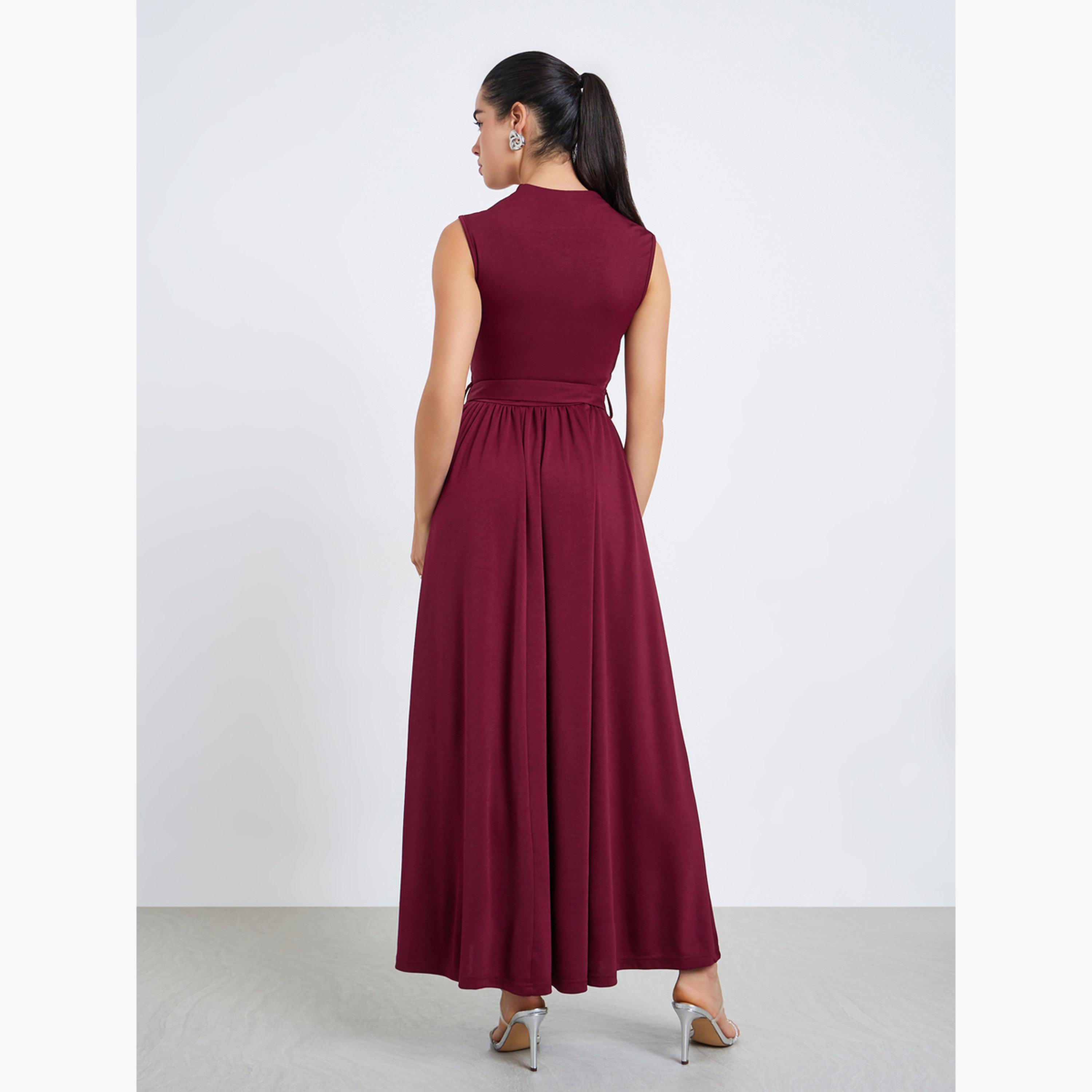 Styli Women Burgundy A-Line Maxi Dress with Belt-women-clothing-dresses-image-4