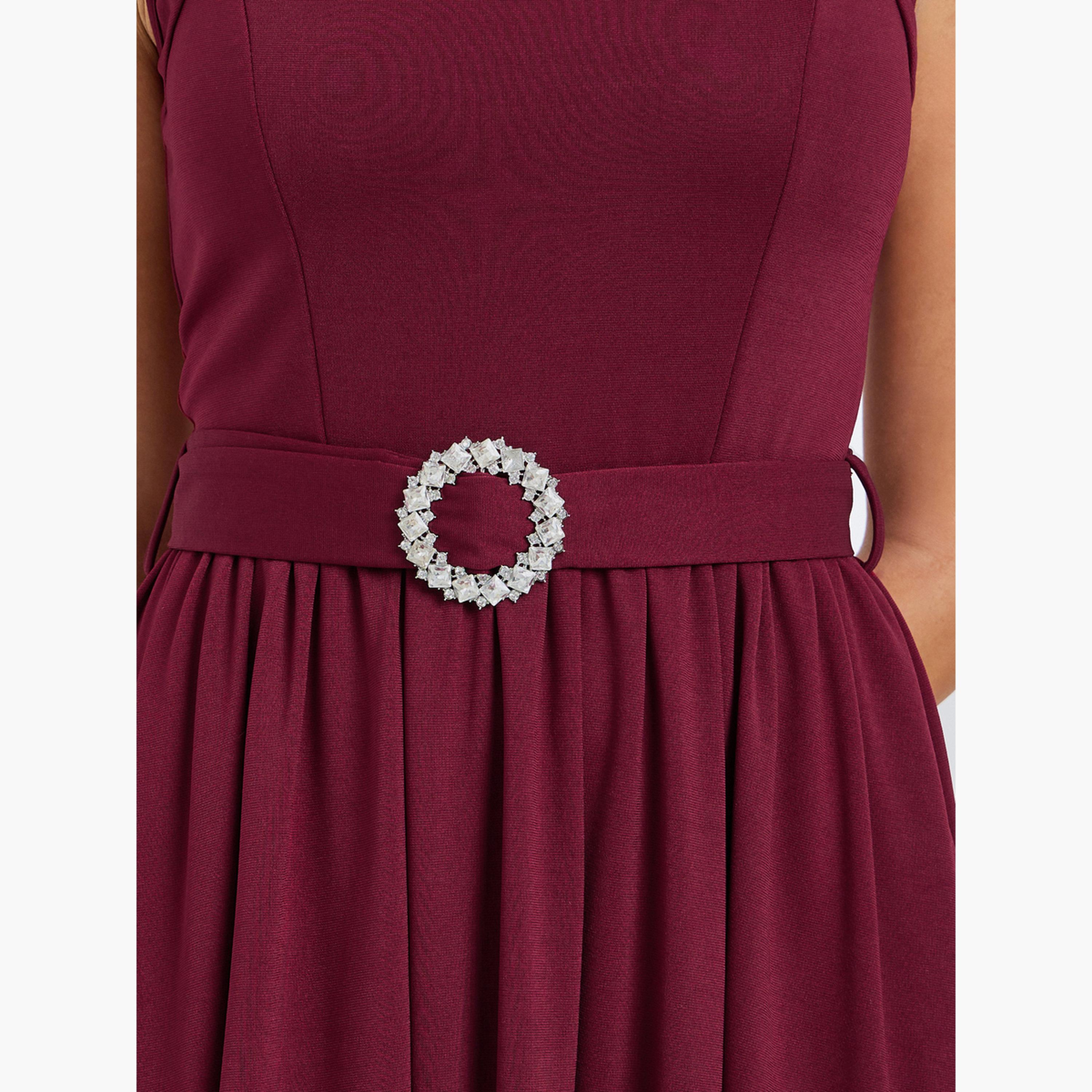 Styli Women Burgundy A-Line Maxi Dress with Belt-women-clothing-dresses-image-5