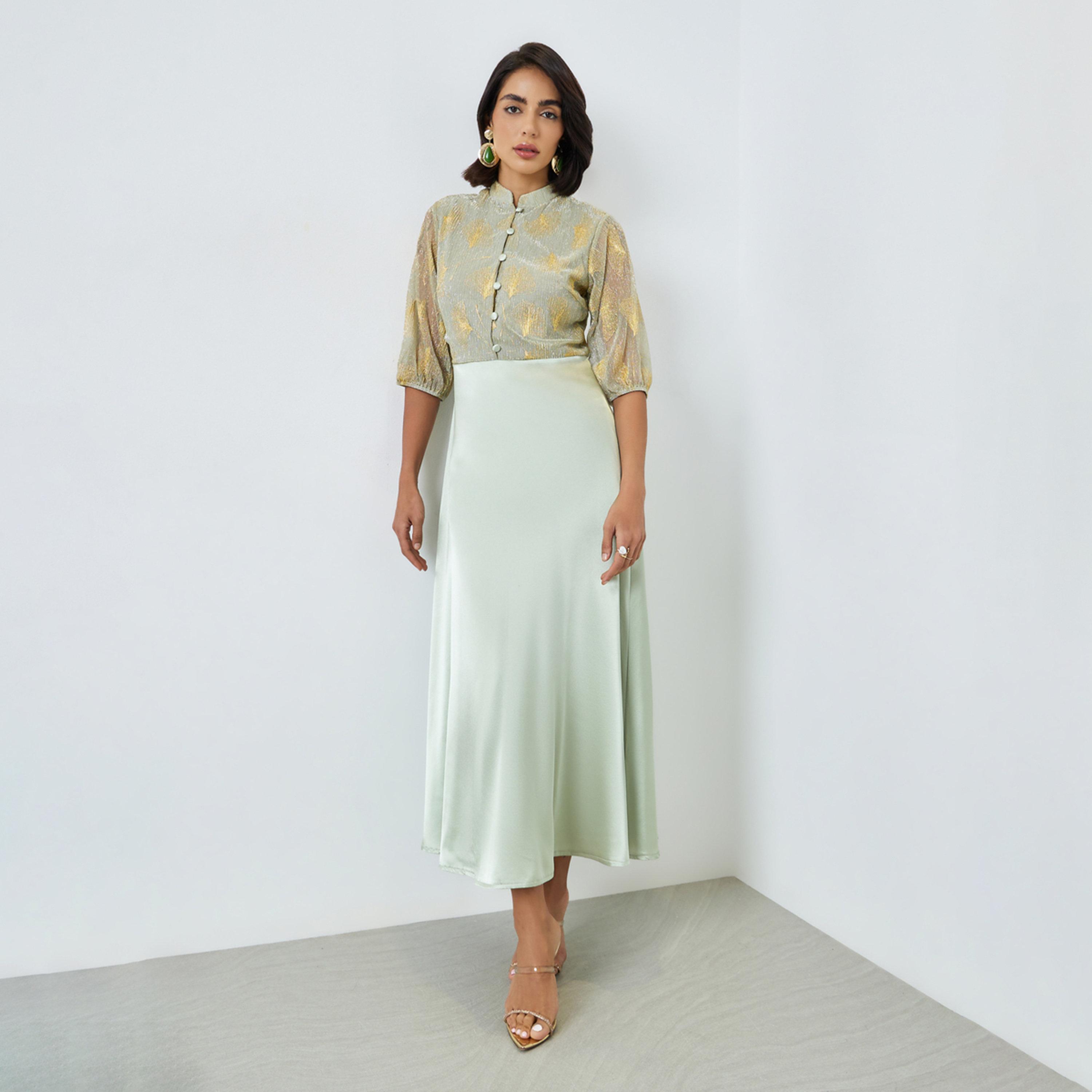 Styli Green Foil Print A-Line Maxi Dress-women-clothing-dresses-image-1