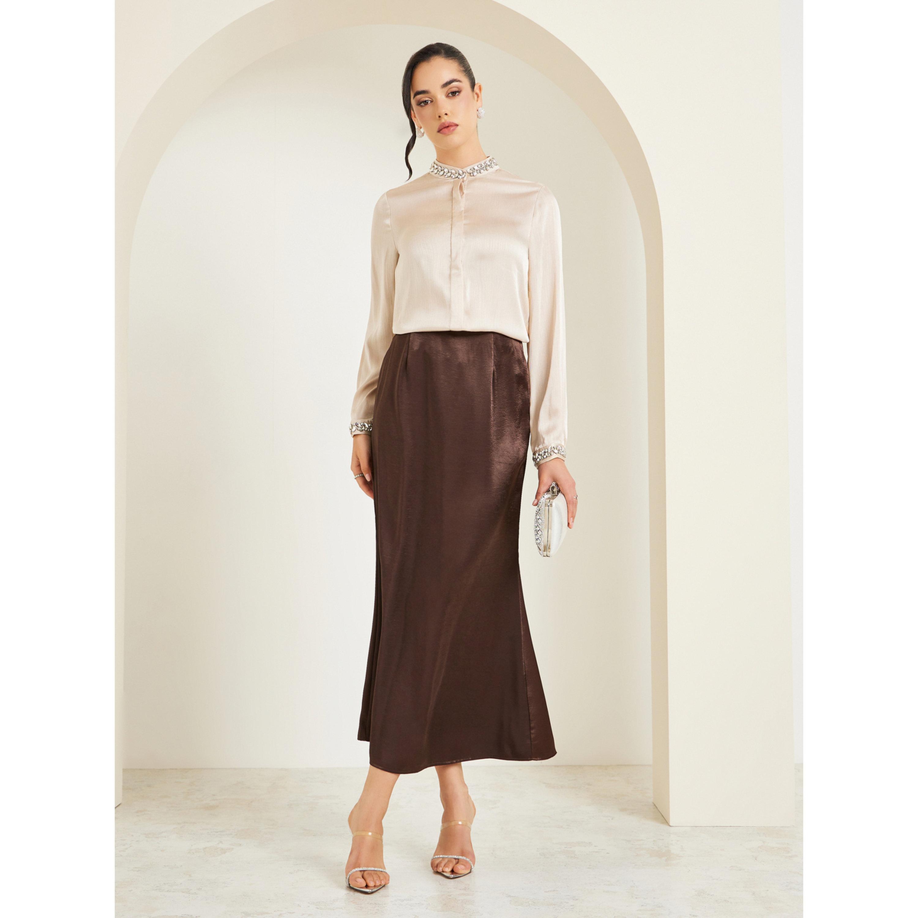 Styli Brown Satin A-Line Maxi Skirt-women-clothing-bottoms-skirts-image-2
