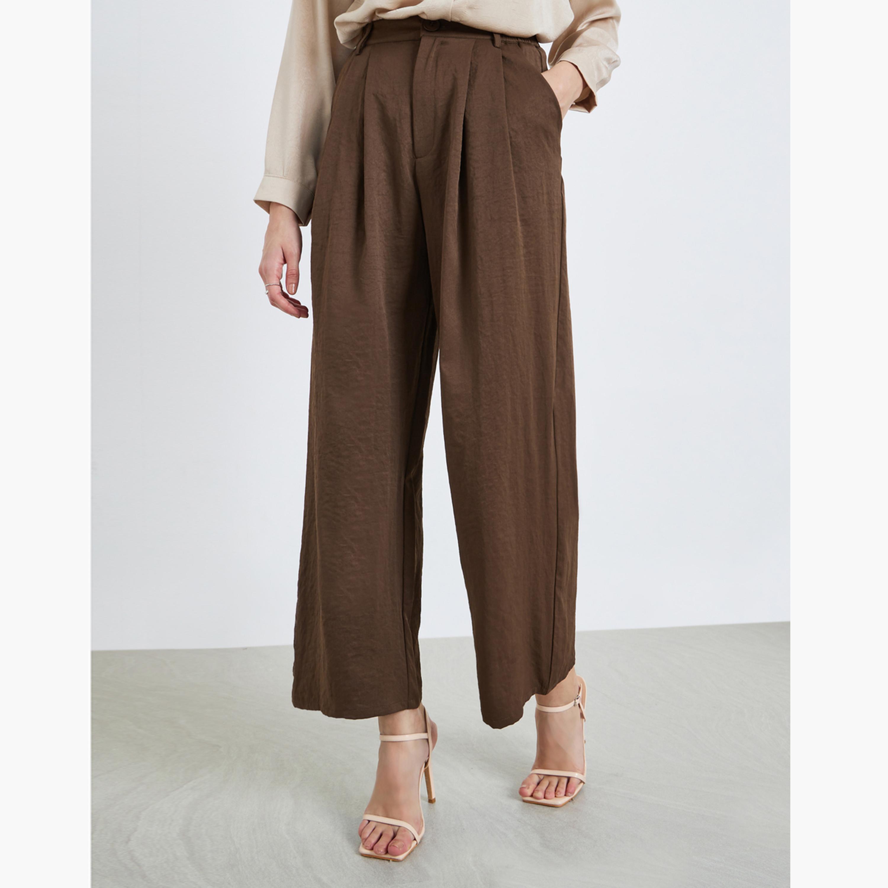 Styli Women Brown Wide Leg Trousers-women-clothing-bottoms-trousers-image-1