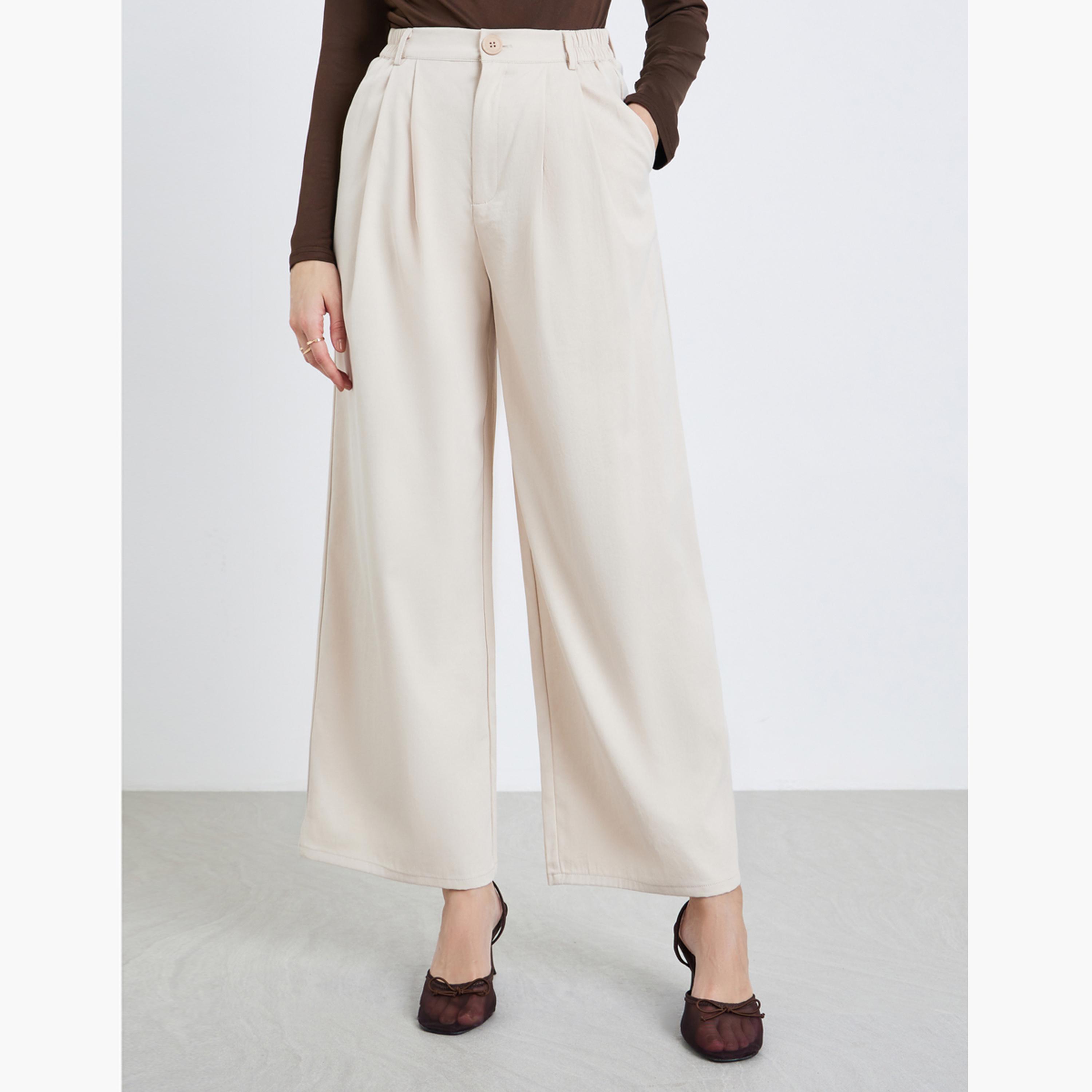 Styli Women Cream Wide Leg Trousers-women-clothing-bottoms-trousers-image-1