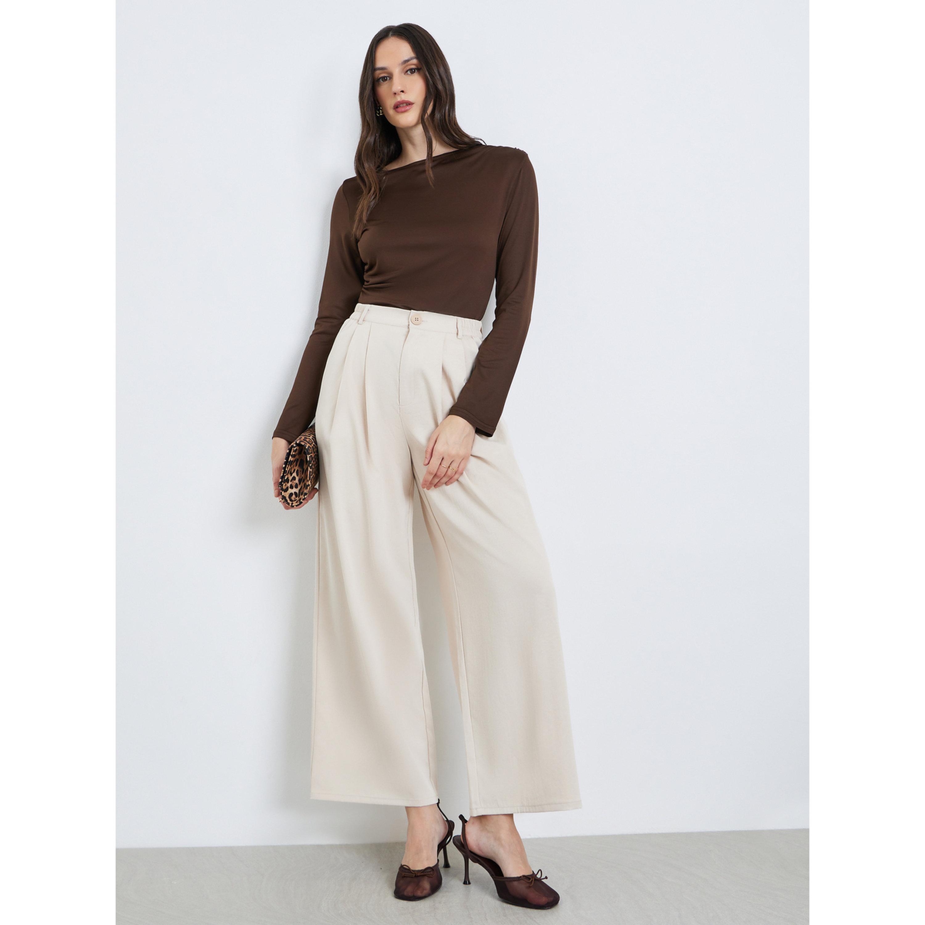 Styli Women Cream Wide Leg Trousers-women-clothing-bottoms-trousers-image-2