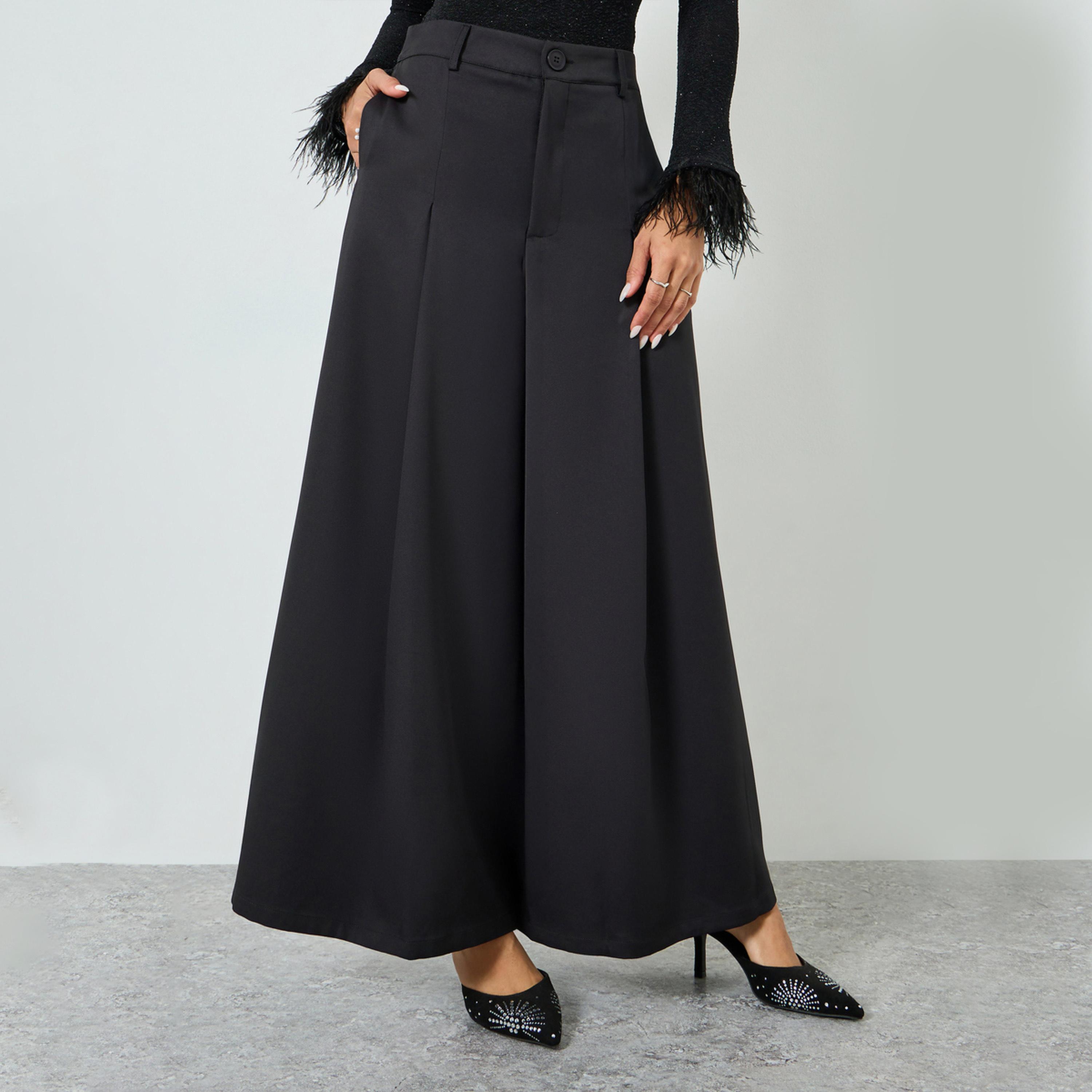 Styli Black Flowy Wide Leg Pants with Fold Pleat-women-clothing-bottoms-trousers-image-1