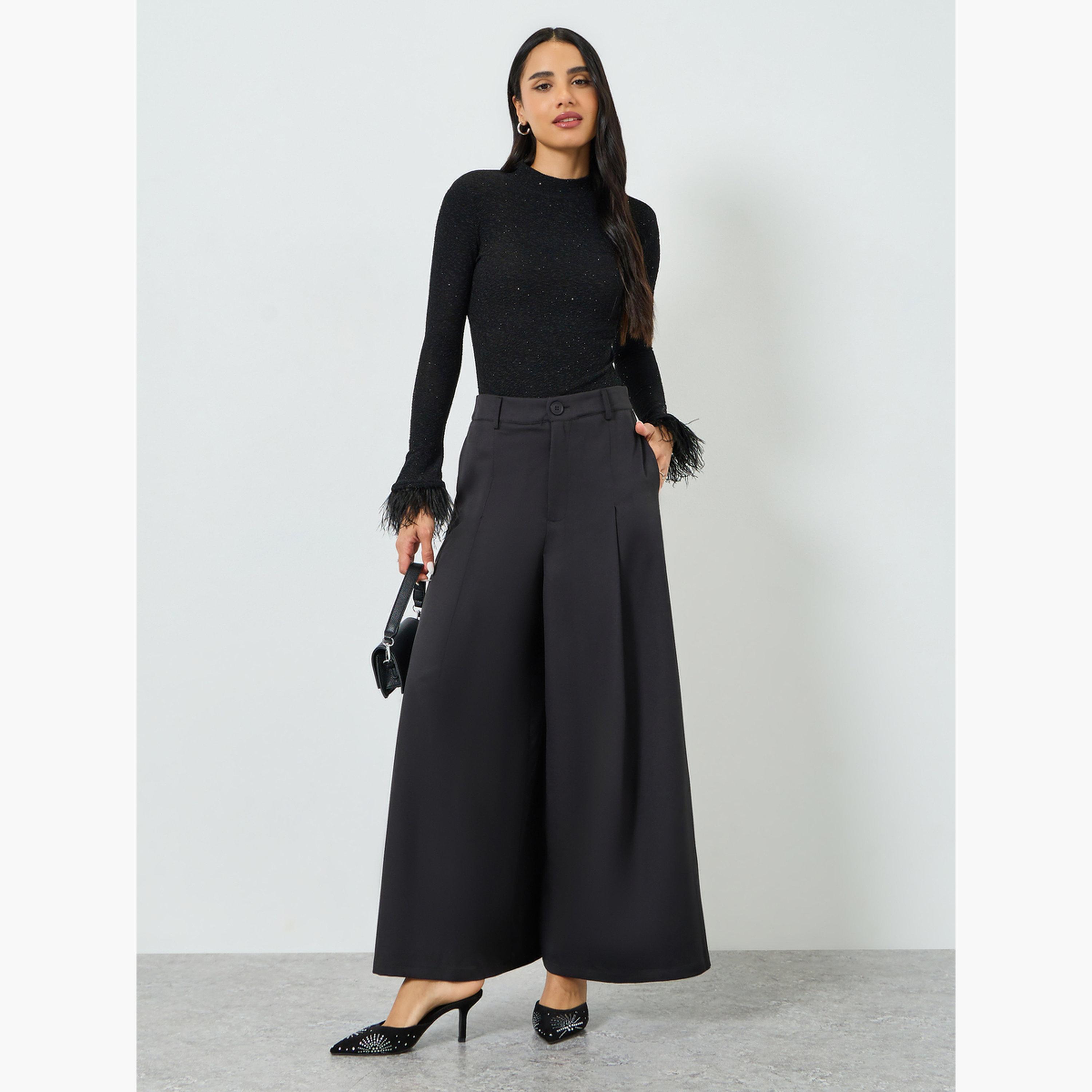 Styli Black Flowy Wide Leg Pants with Fold Pleat-women-clothing-bottoms-trousers-image-2