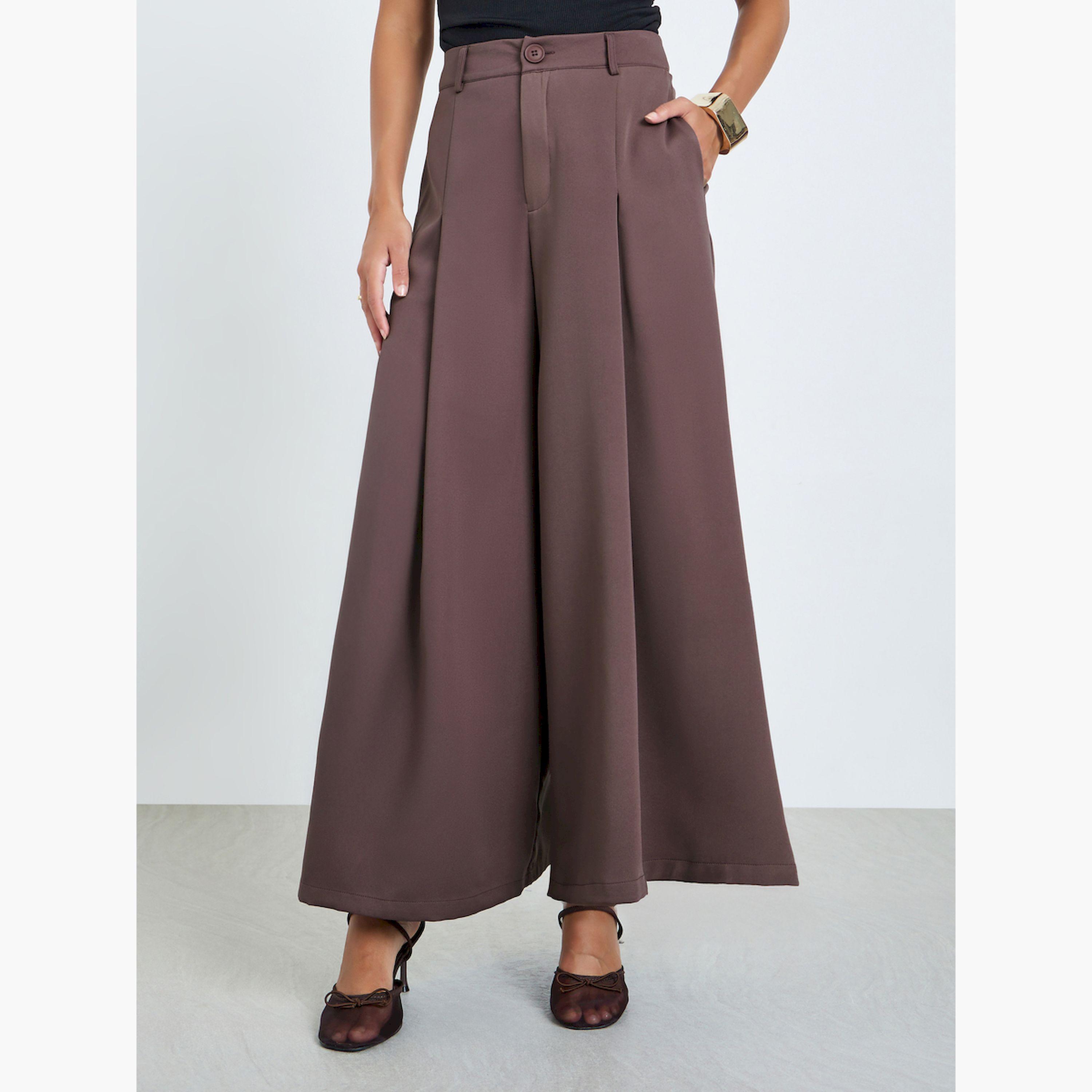 Styli Brown Flowy Wide Leg Pants with Fold Pleat-women-clothing-bottoms-trousers-image-1