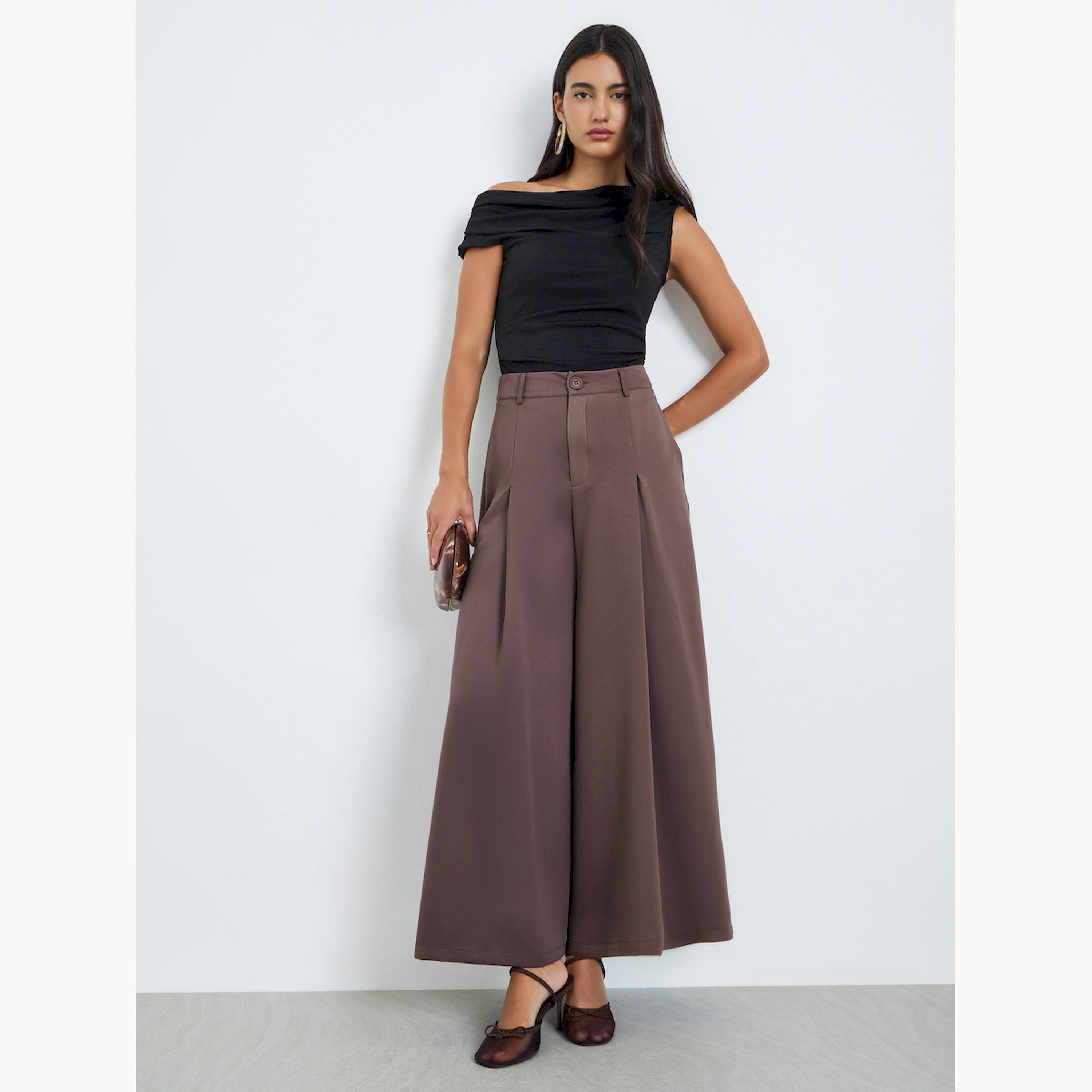 Styli Brown Flowy Wide Leg Pants with Fold Pleat-women-clothing-bottoms-trousers-image-2