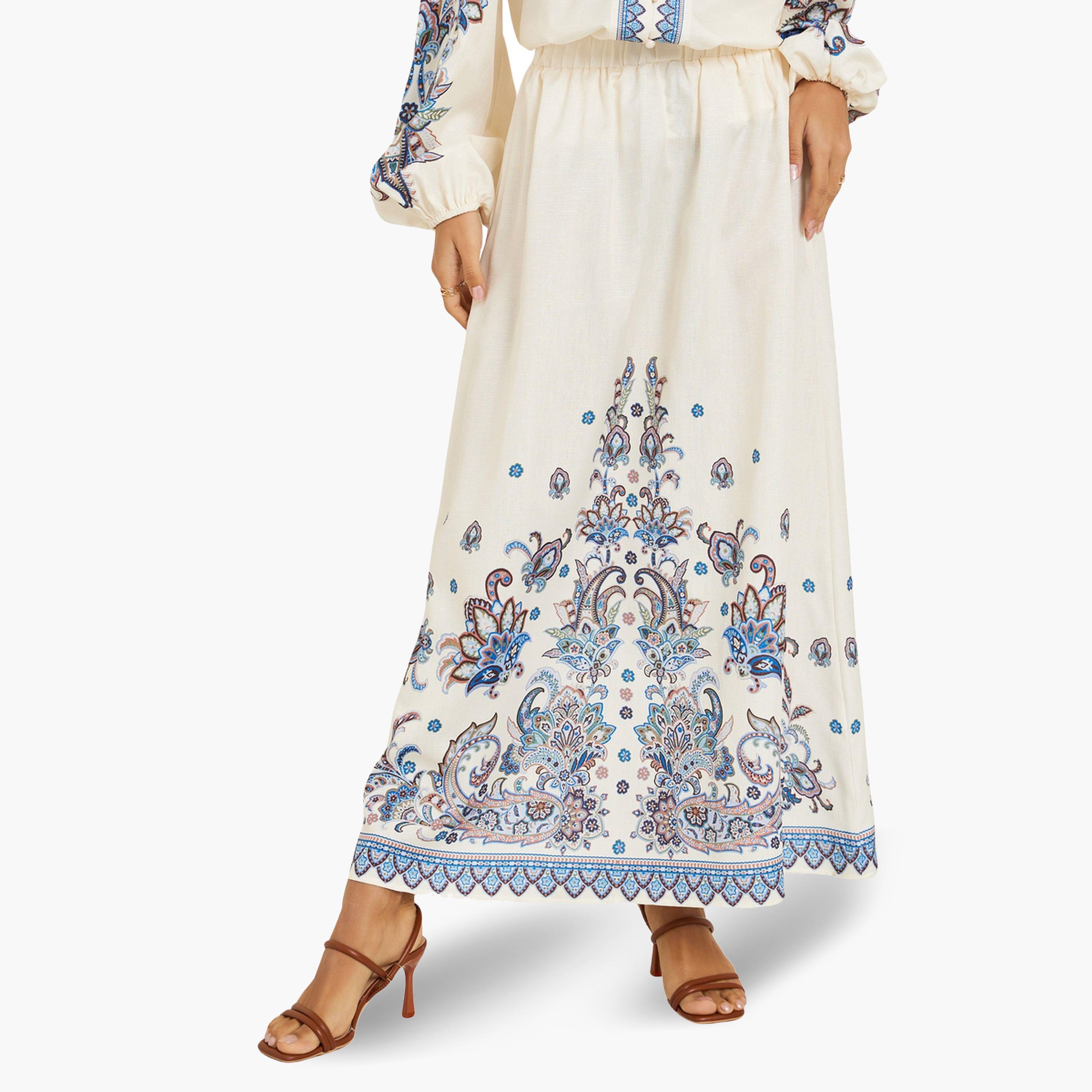 Styli Women Cream Printed A-Line Maxi Skirt-women-clothing-bottoms-skirts-image-1