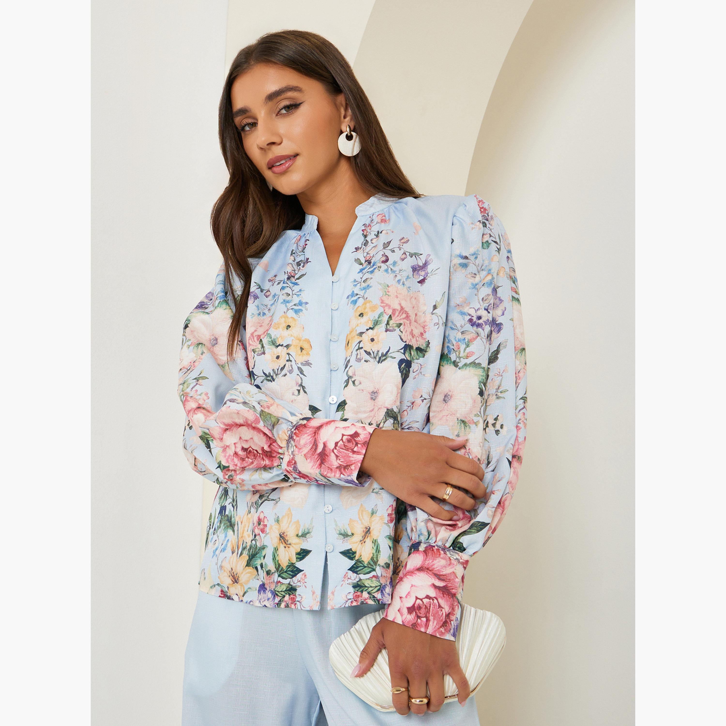 Styli Blue Floral Print Long Sleeve Blouse-women-clothing-shirtsandblouses-blouses-image-1