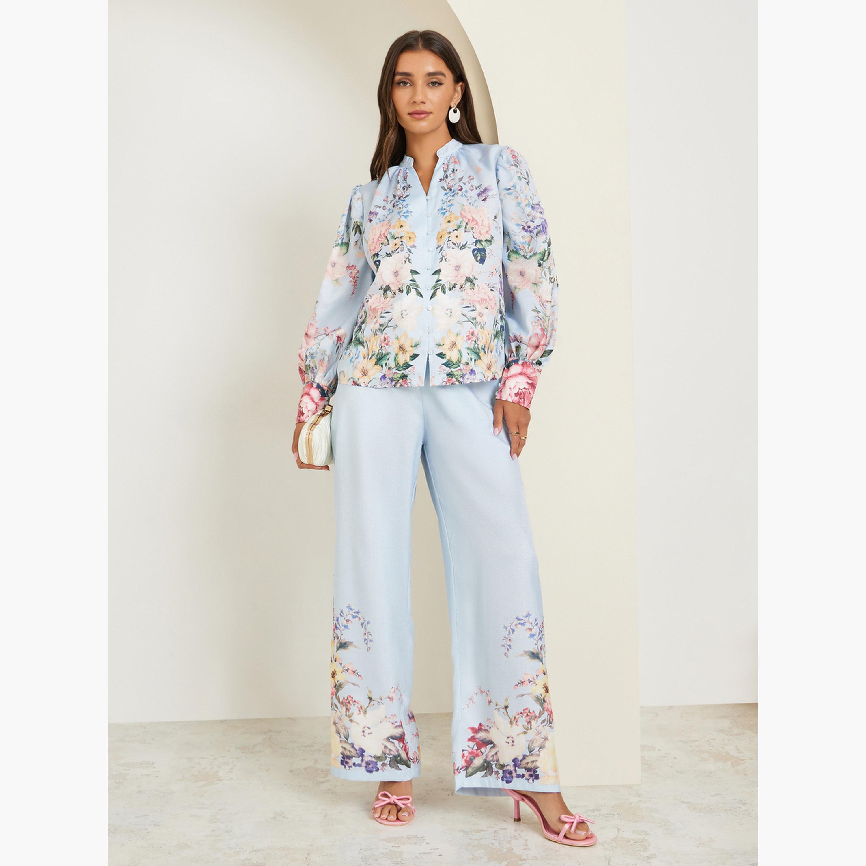 Styli Blue Floral Print Long Sleeve Blouse-women-clothing-shirtsandblouses-blouses-image-3