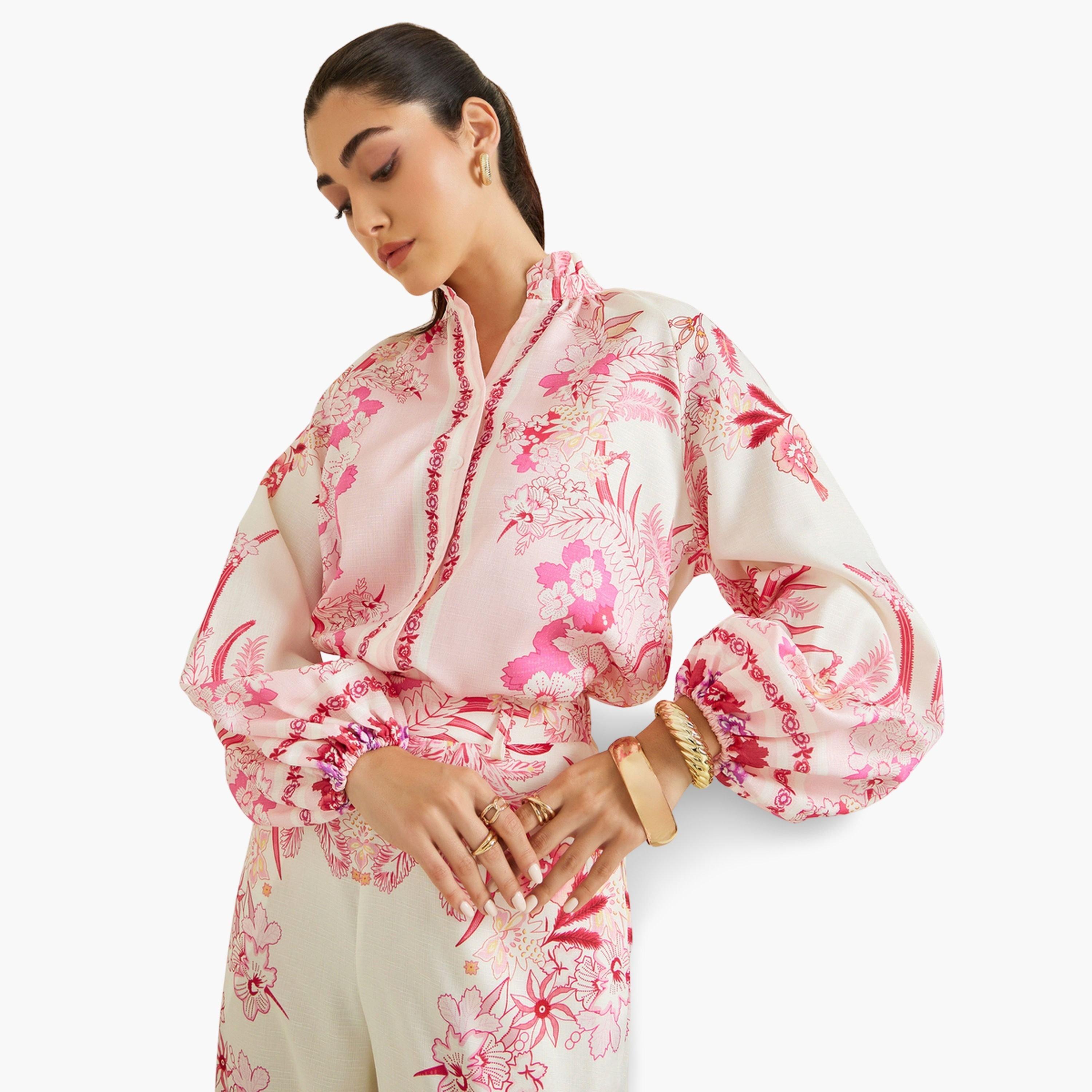 Styli Women Pink Floral Print Balloon Sleeve Blouse-women-clothing-shirtsandblouses-blouses-image-3