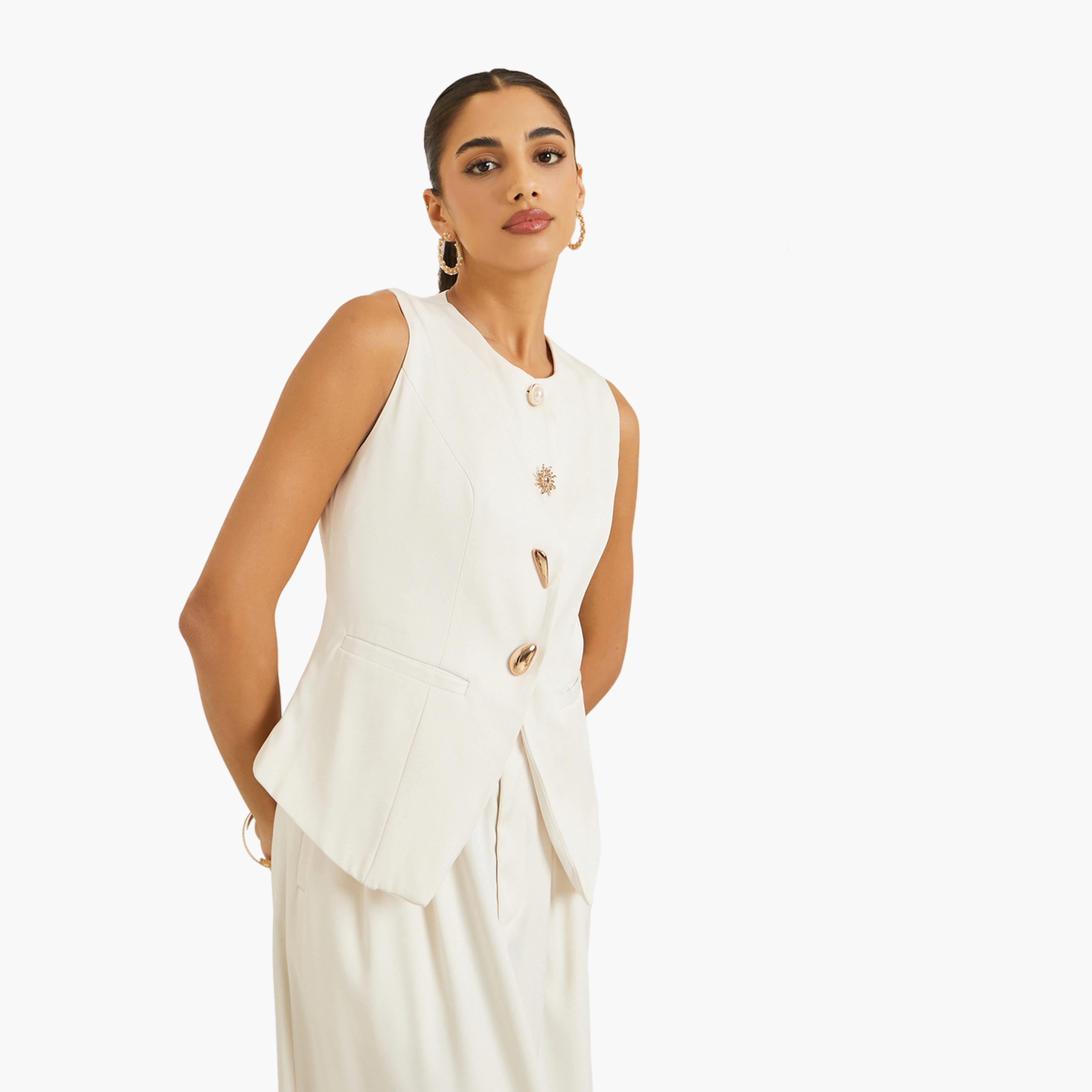 Styli Women Cream Sleeveless Buttoned Waistcoat-women-clothing-shirtsandblouses-blouses-image-1