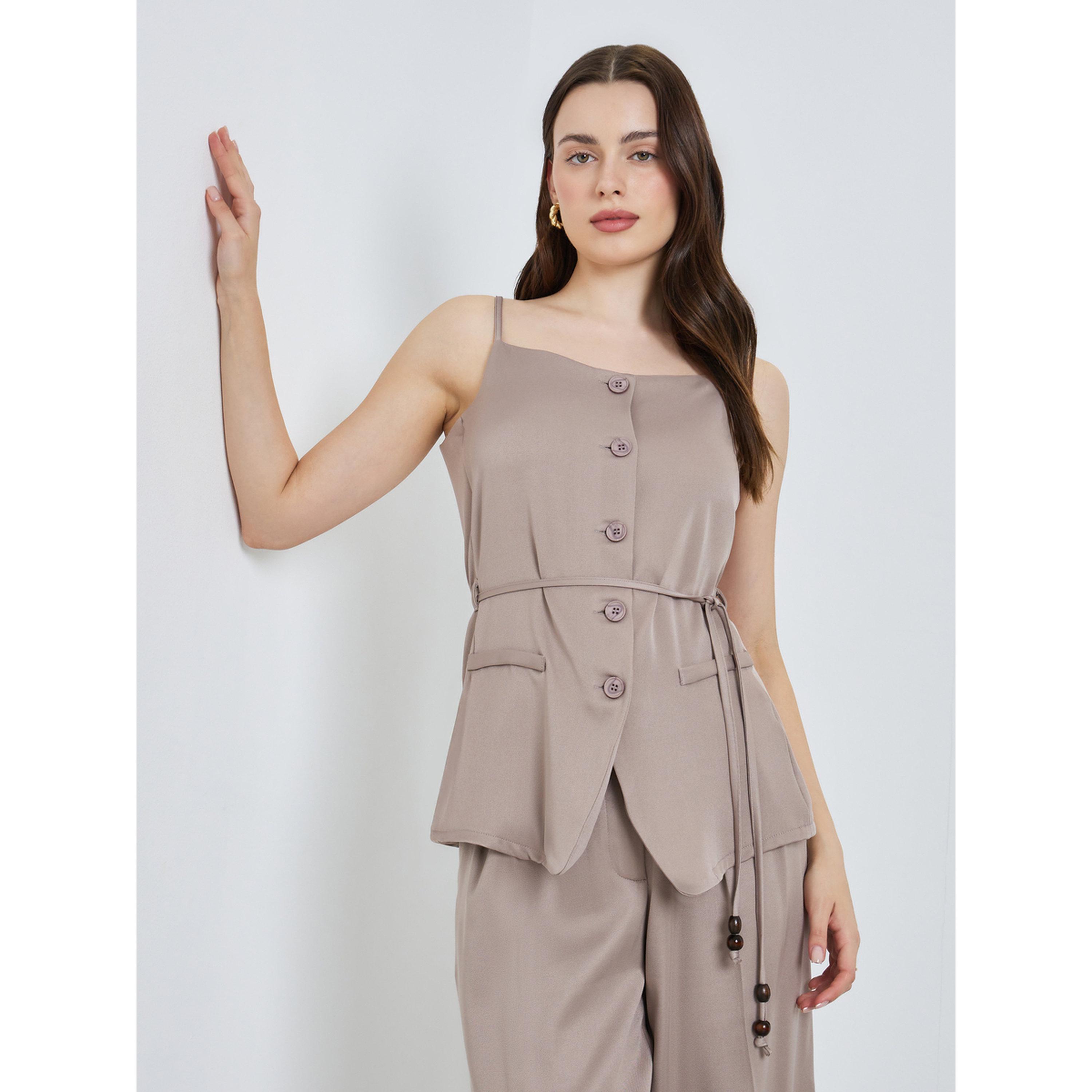 Styli Women Beige Strappy Waistcoat with Waist Tie-Belt-women-clothing-shirtsandblouses-blouses-image-1
