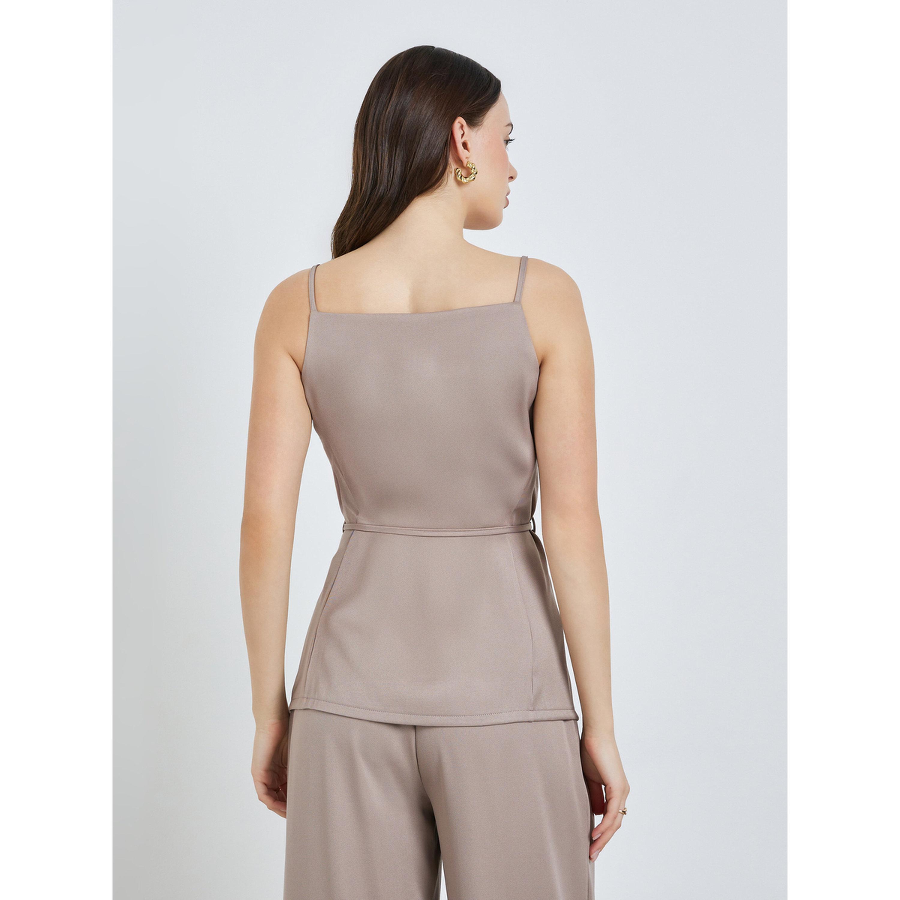 Styli Women Beige Strappy Waistcoat with Waist Tie-Belt-women-clothing-shirtsandblouses-blouses-image-5