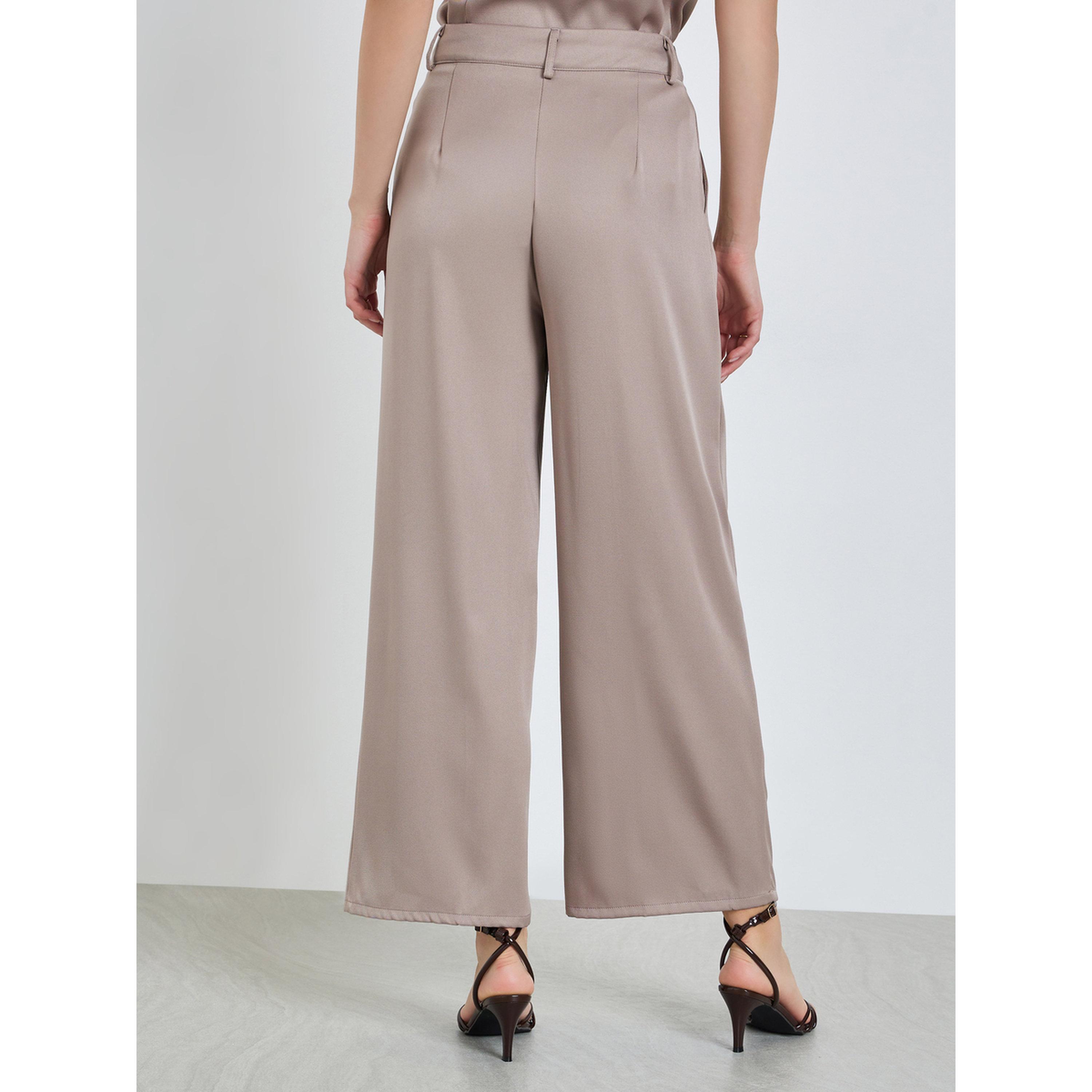 Styli Women Beige Fold Pleat Wide Leg Trousers-women-clothing-bottoms-trousers-image-5