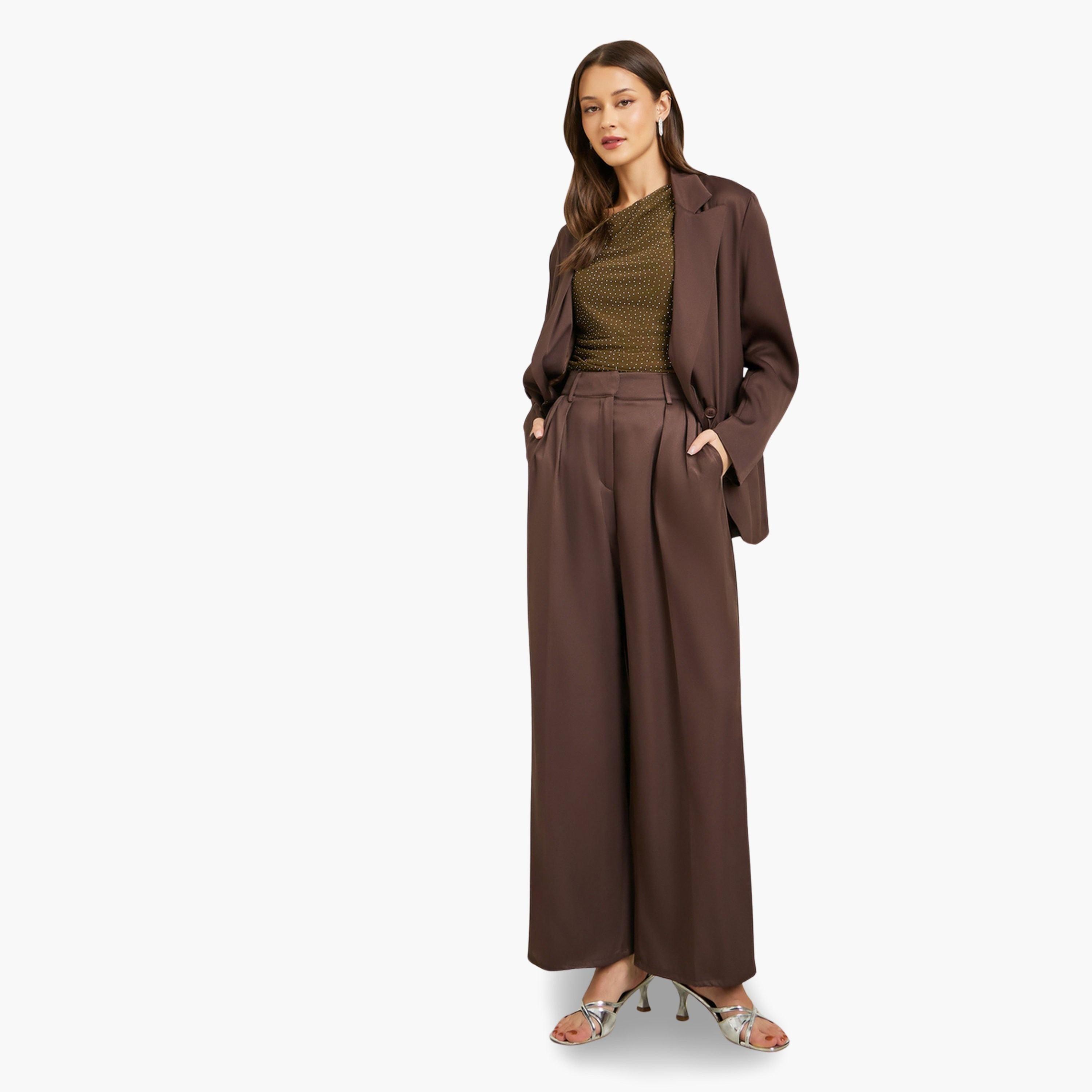 Styli Women Brown Fold Pleat Wide Leg Trousers-women-clothing-bottoms-trousers-image-2