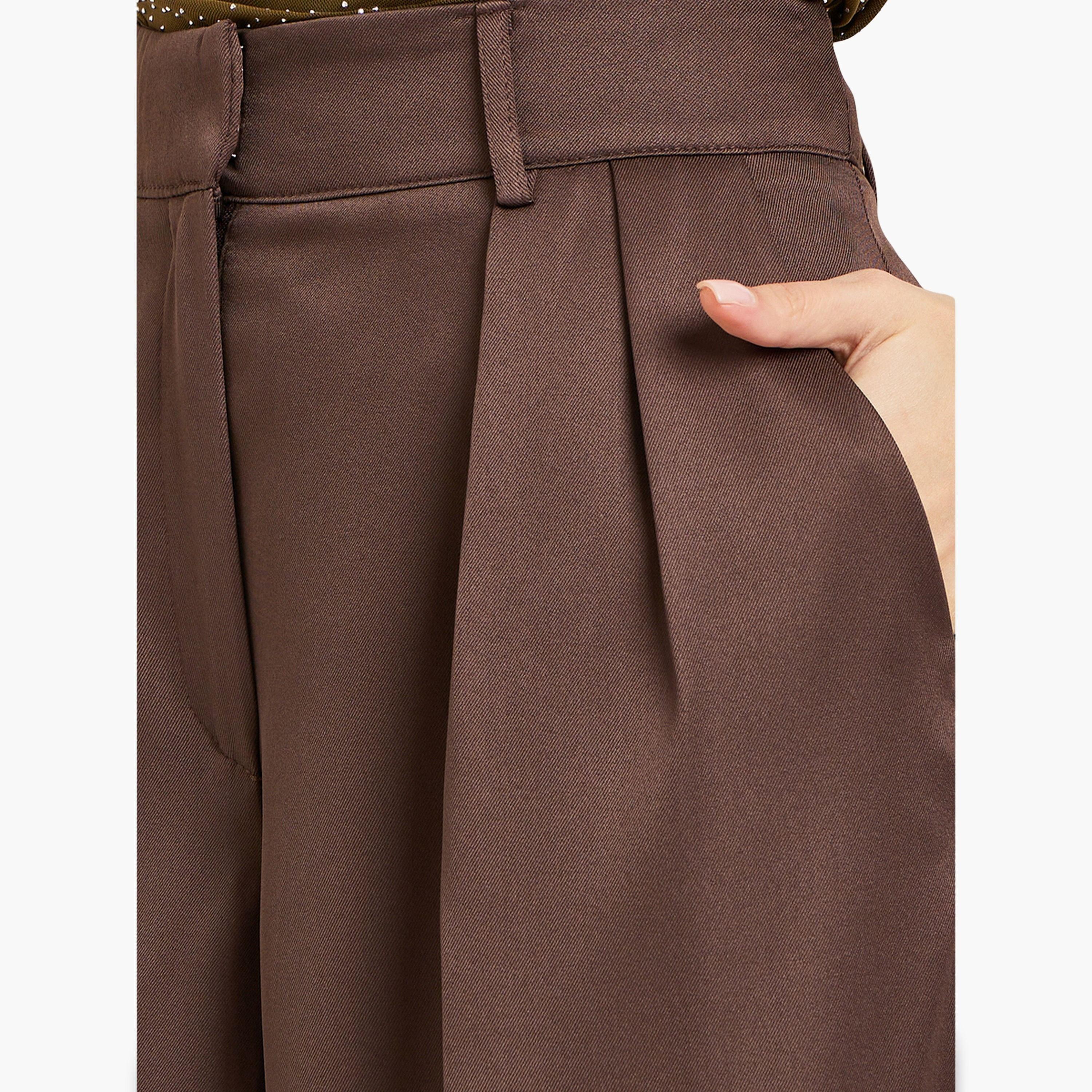 Styli Women Brown Fold Pleat Wide Leg Trousers-women-clothing-bottoms-trousers-image-3