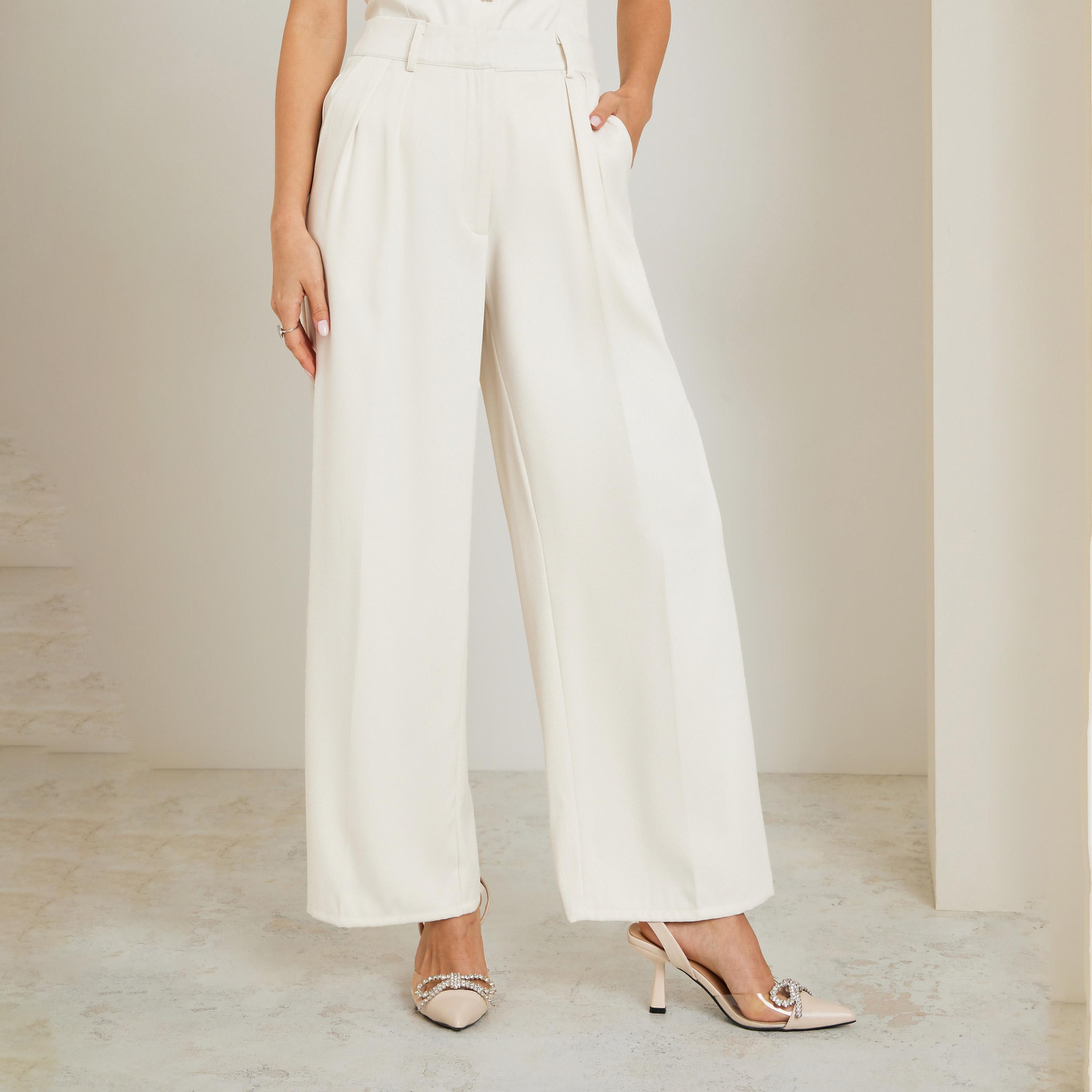 بنطلون سكري بكسرات مطوية وساق واسعة-women-clothing-bottoms-trousers-image-1