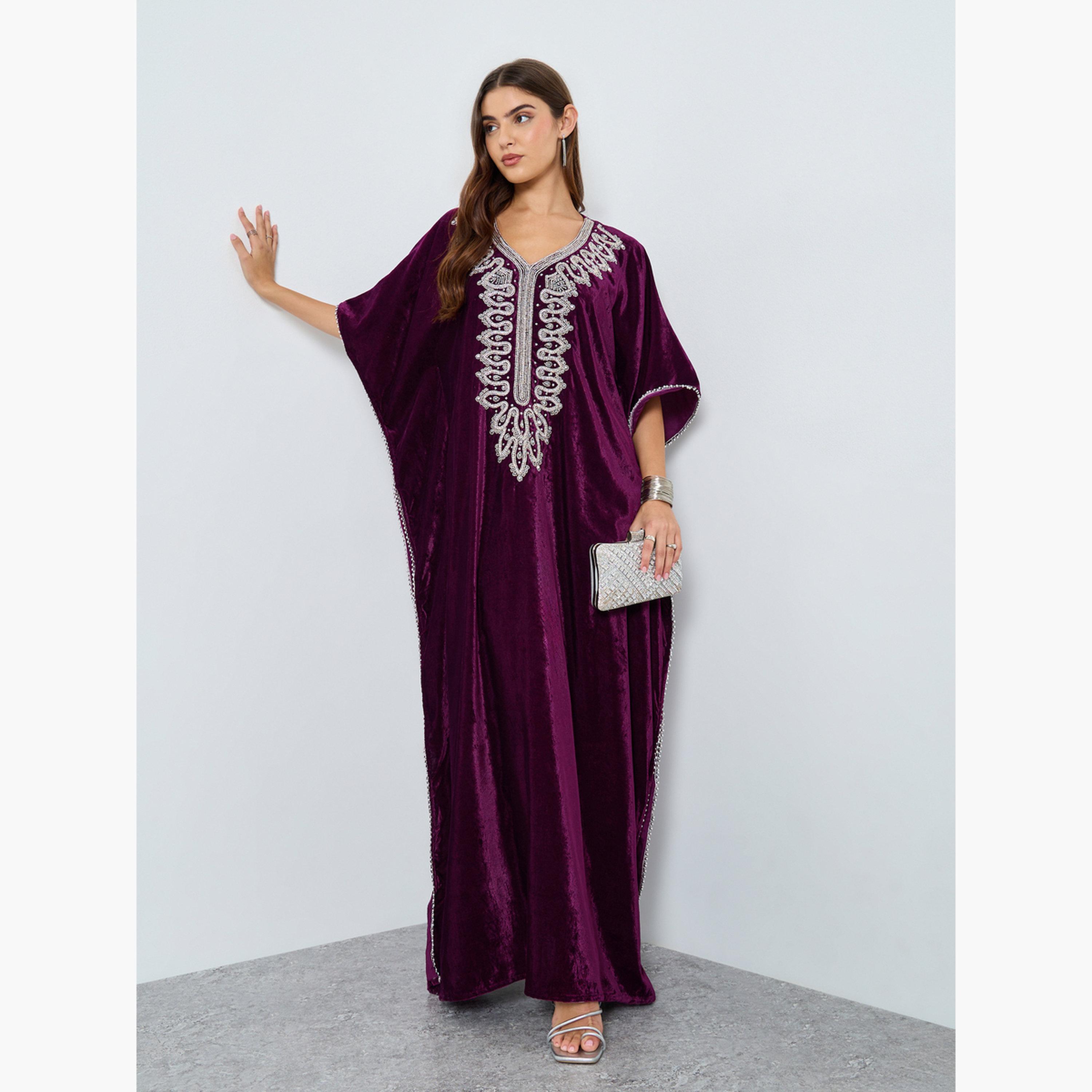 ماكسيم كرييشن - جلابية مزينة بمظهر مخملي بنفسجي-women-arabicclothing-jalabiyas-image-1