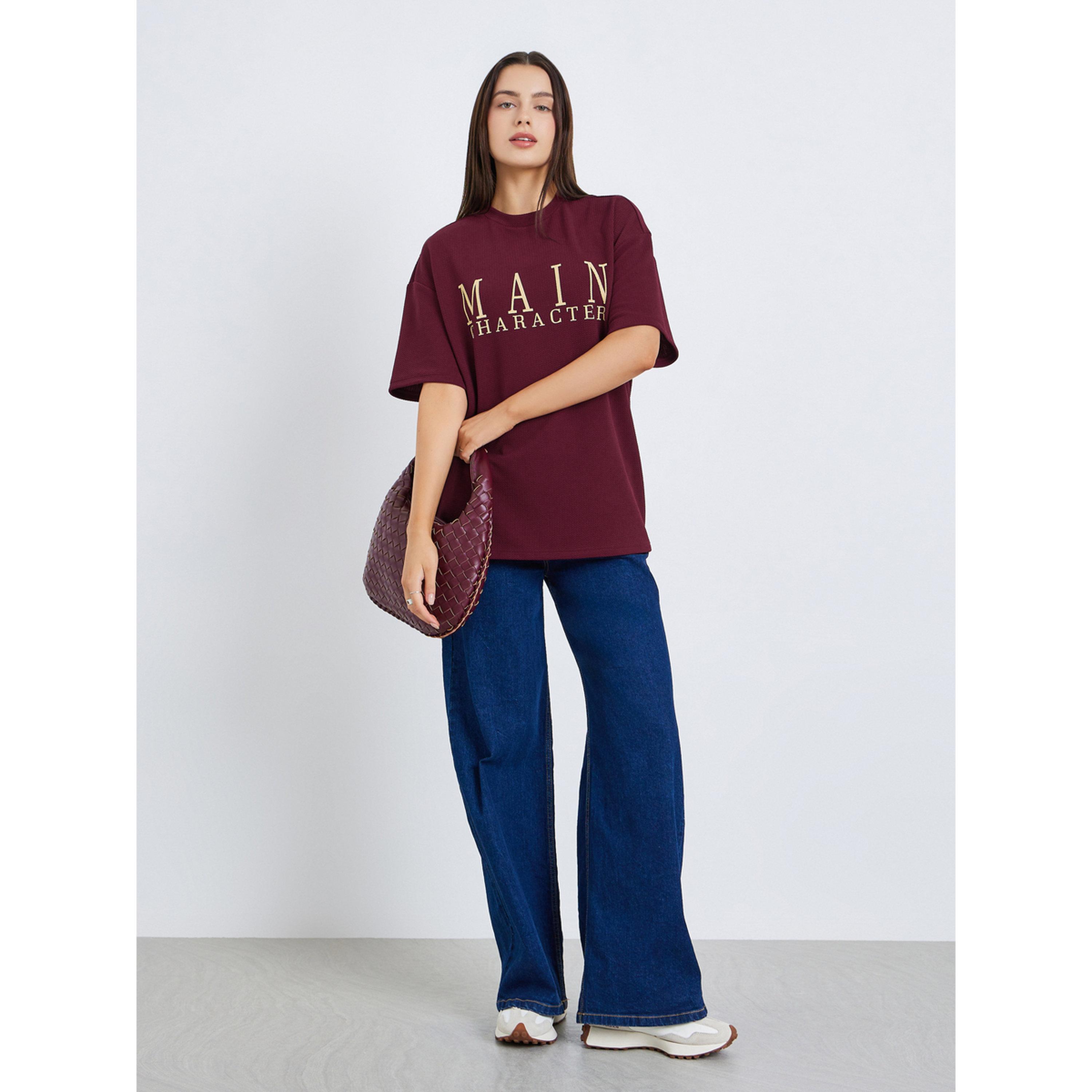 Styli Women Burgundy Slogan Oversized T-Shirt-women-clothing-tshirts-image-2