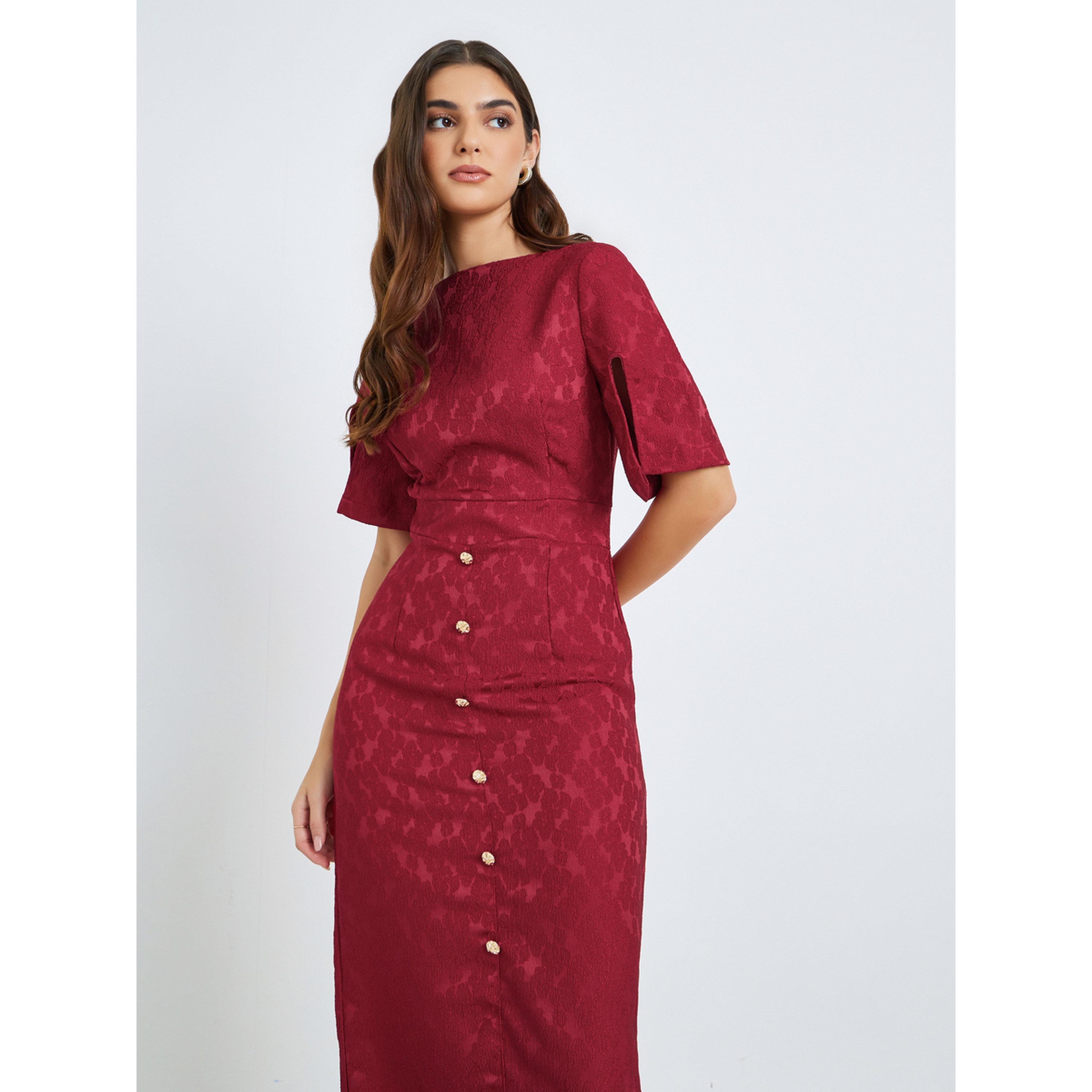 Styli Women Maroon Short Sleeves Sheath Midi Dress-women-clothing-dresses-image-2