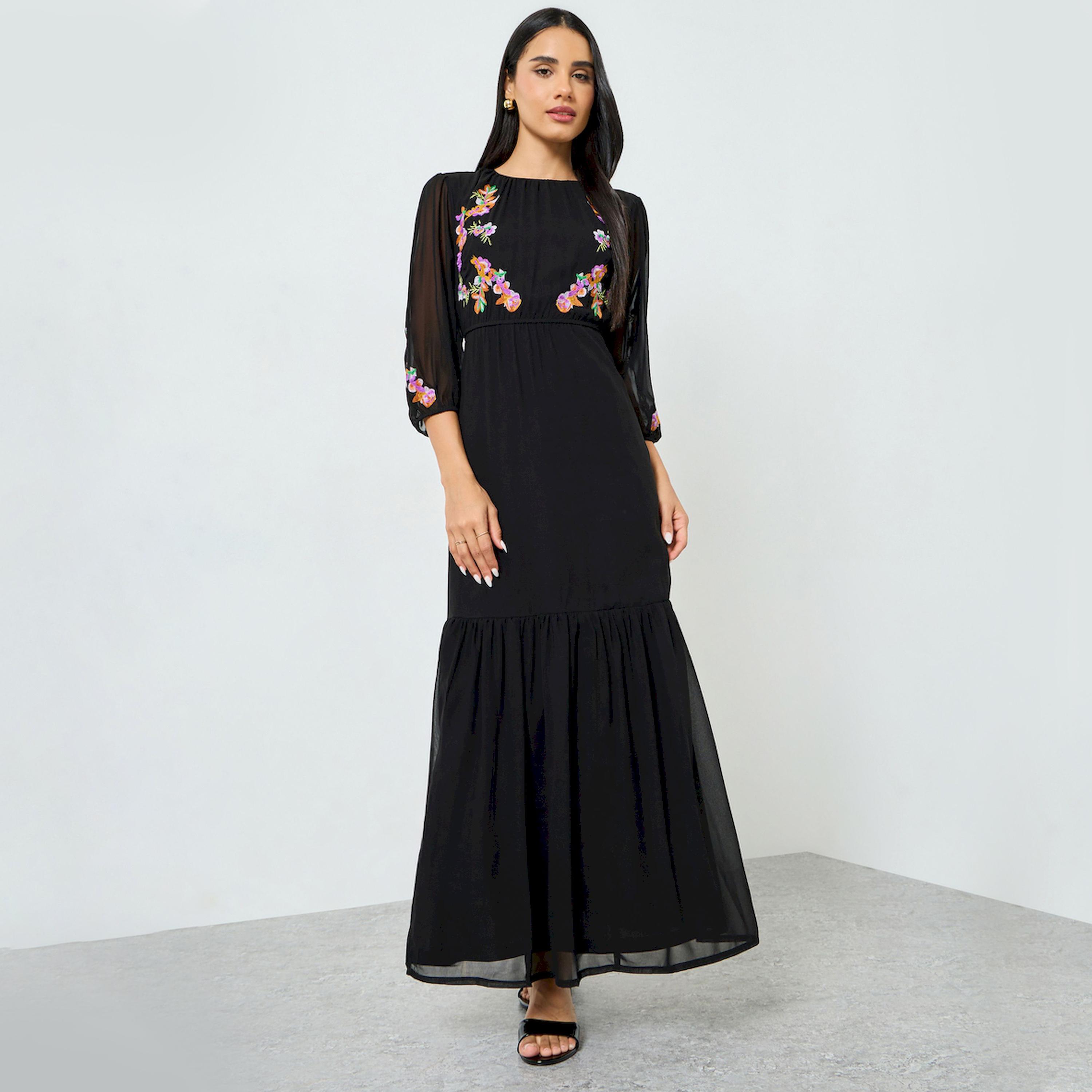 Styli Black Embroidered Ruffled Hem Maxi Dress-women-clothing-dresses-image-1