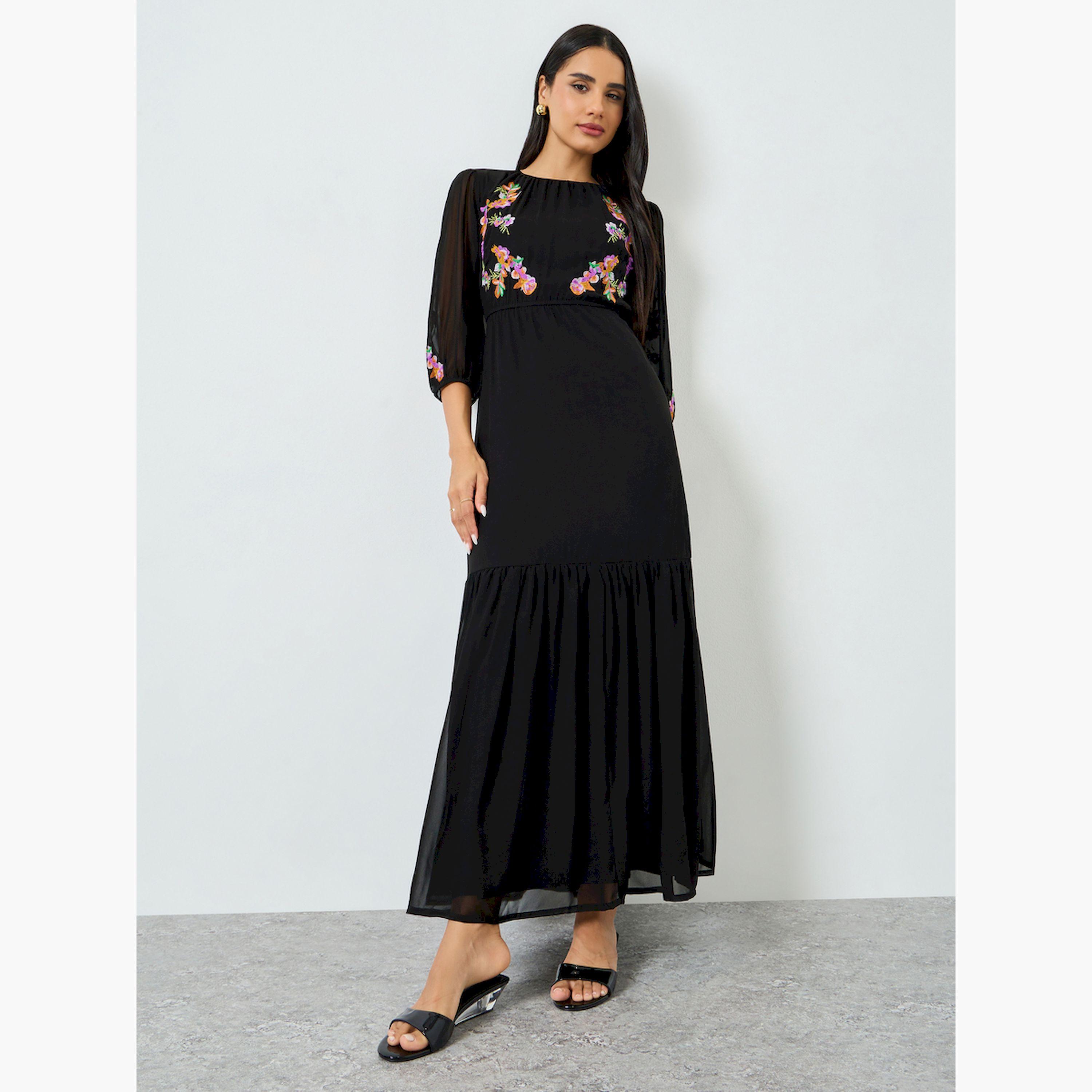 Styli Black Embroidered Ruffled Hem Maxi Dress-women-clothing-dresses-image-3