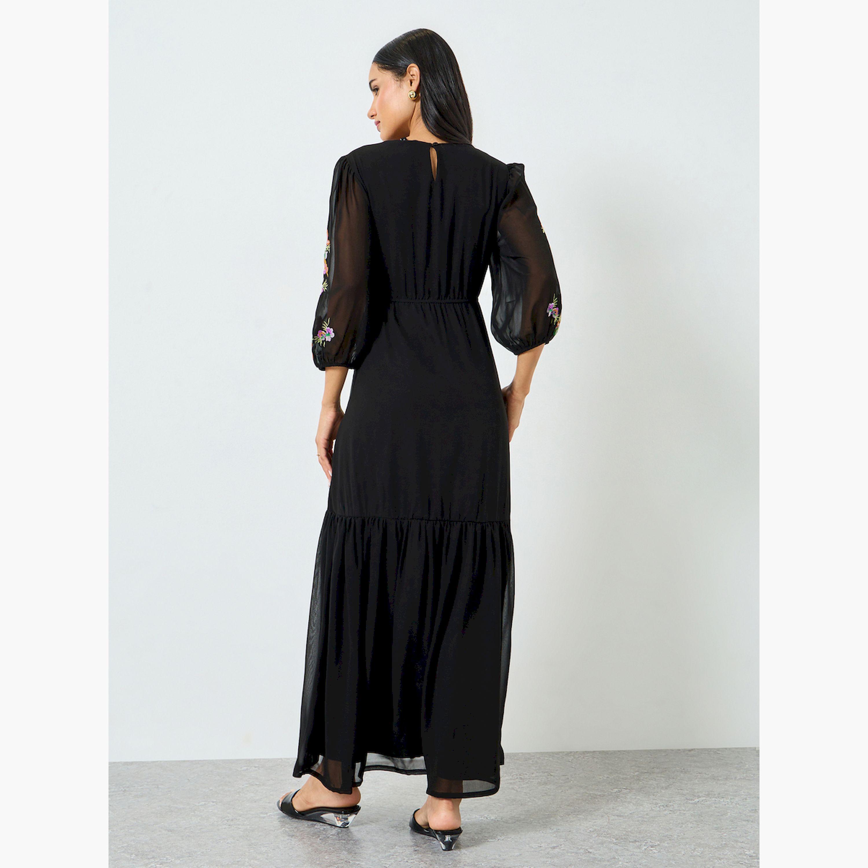 Styli Black Embroidered Ruffled Hem Maxi Dress-women-clothing-dresses-image-5