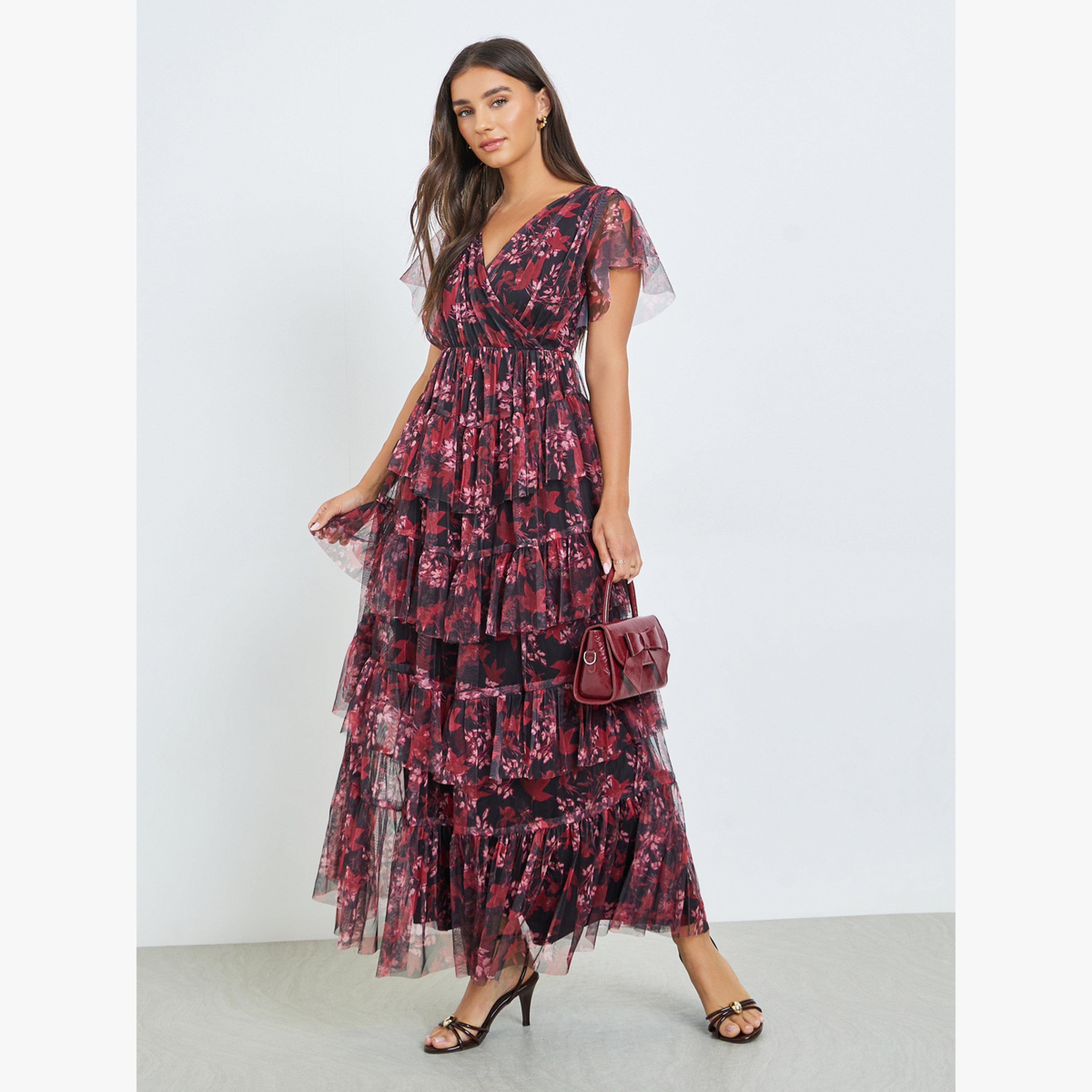 فستان طويل متعدد الطبقات بنقشة زهور-women-clothing-dresses-image-1