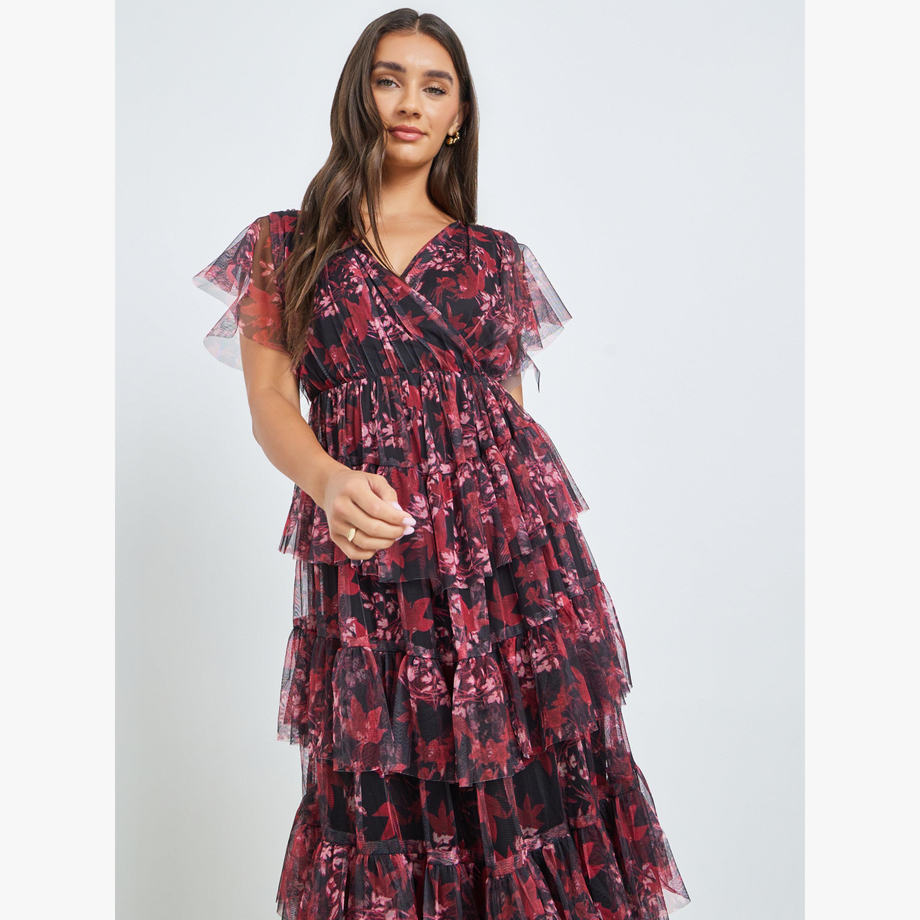 فستان طويل متعدد الطبقات بنقشة زهور-women-clothing-dresses-image-2
