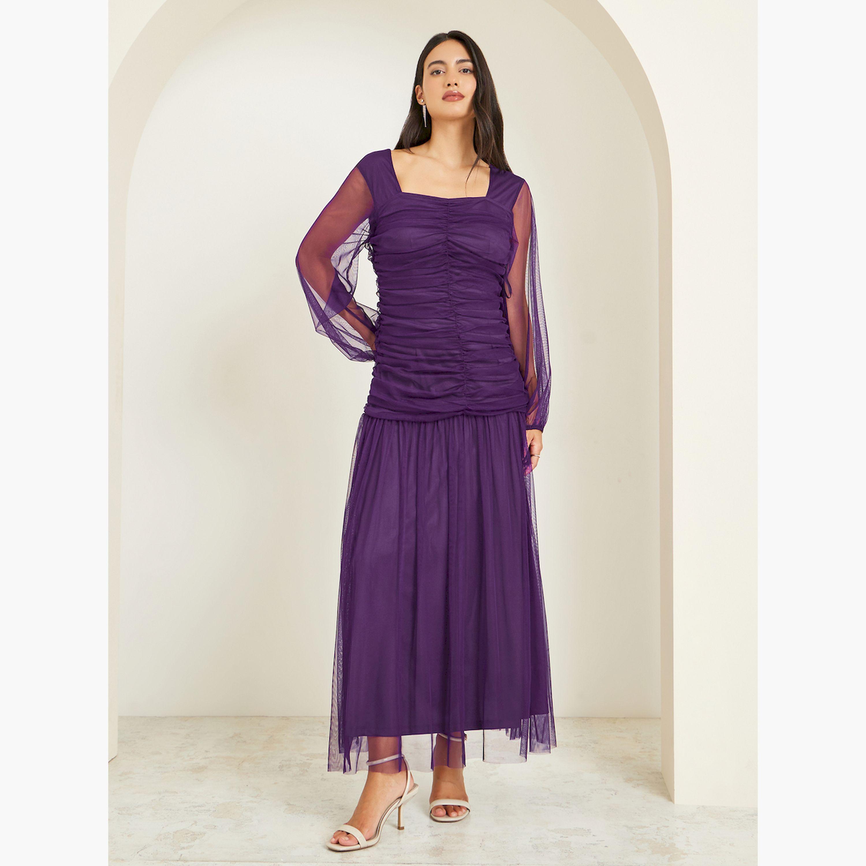 Styli Purple Mesh Gathered Long Sleeves Maxi Dress-women-clothing-dresses-image-1