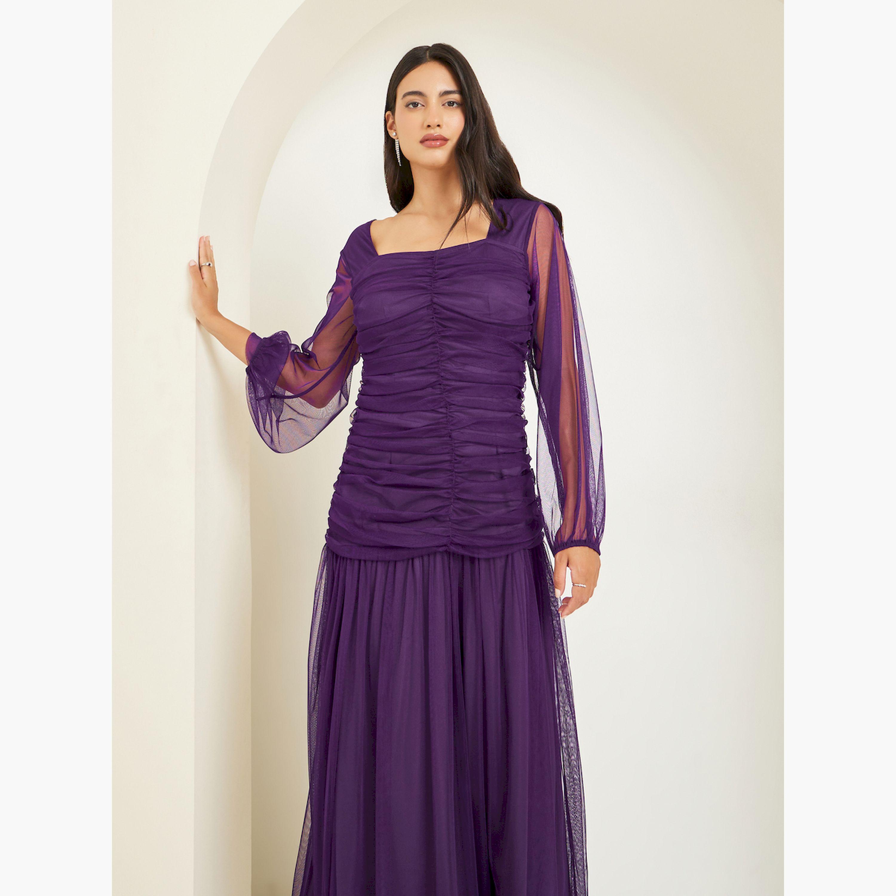 فستان طويل بتفاصيل مُجمعة شبك وأكمام طويلة-women-clothing-dresses-image-2