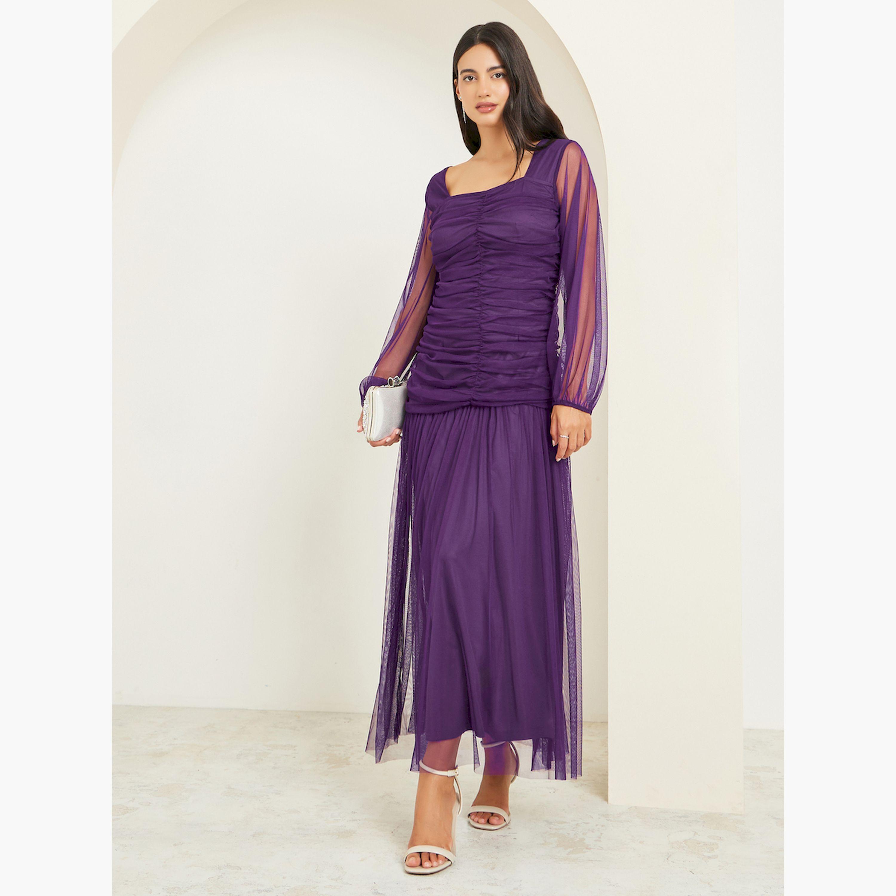 Styli Purple Mesh Gathered Long Sleeves Maxi Dress-women-clothing-dresses-image-3