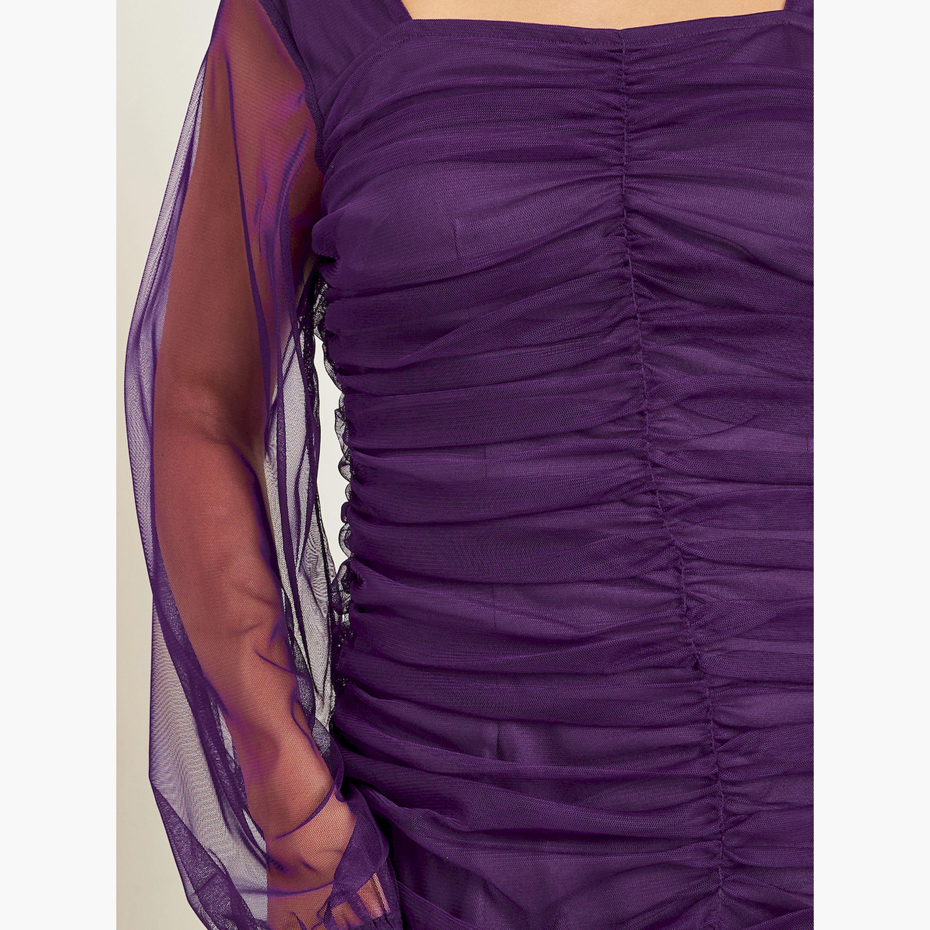 Styli Purple Mesh Gathered Long Sleeves Maxi Dress-women-clothing-dresses-image-4