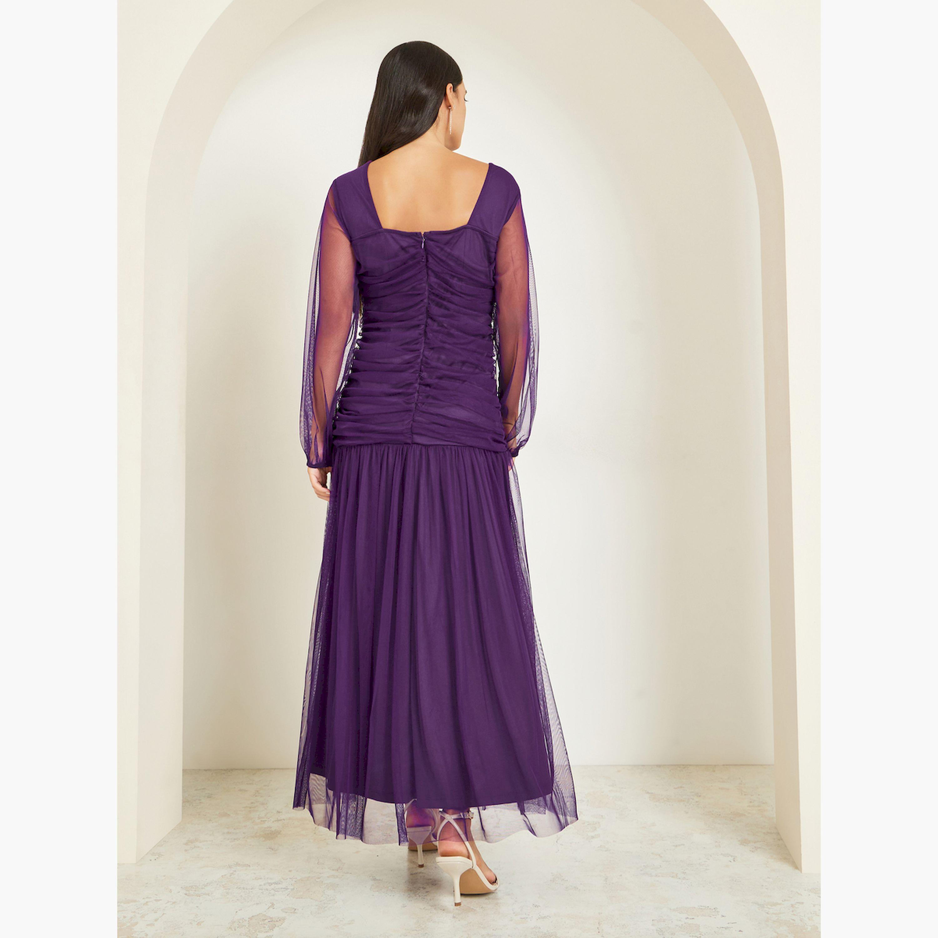 Styli Purple Mesh Gathered Long Sleeves Maxi Dress-women-clothing-dresses-image-5