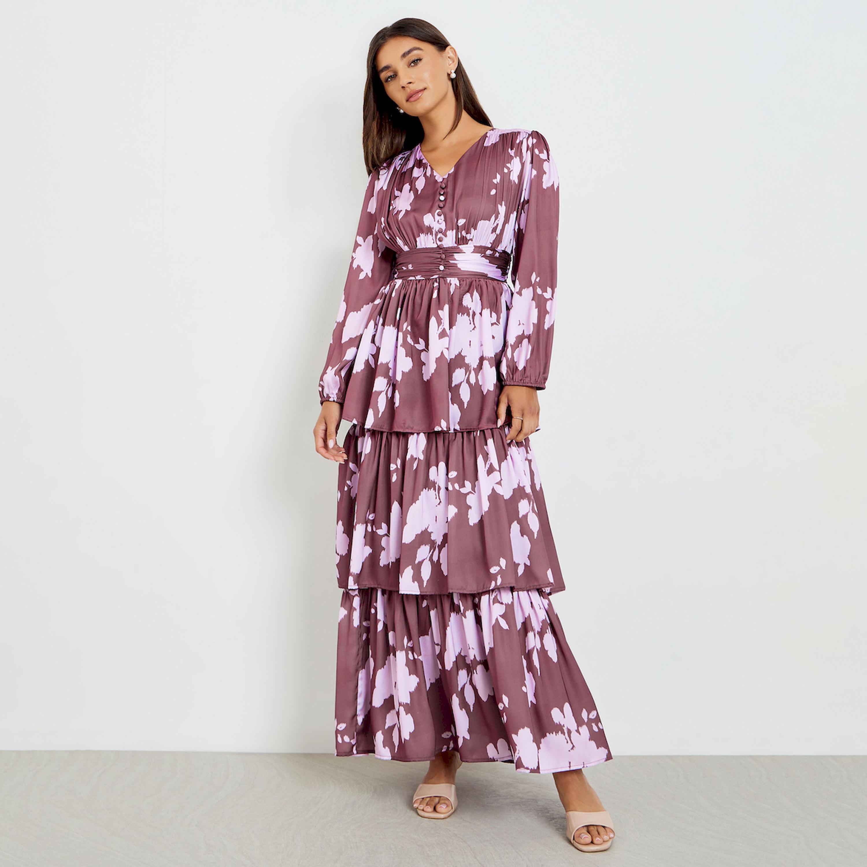 فستان طويل ساتان متعدد الطبقات بأكمام طويلة وطبعة زهور-women-clothing-dresses-image-1