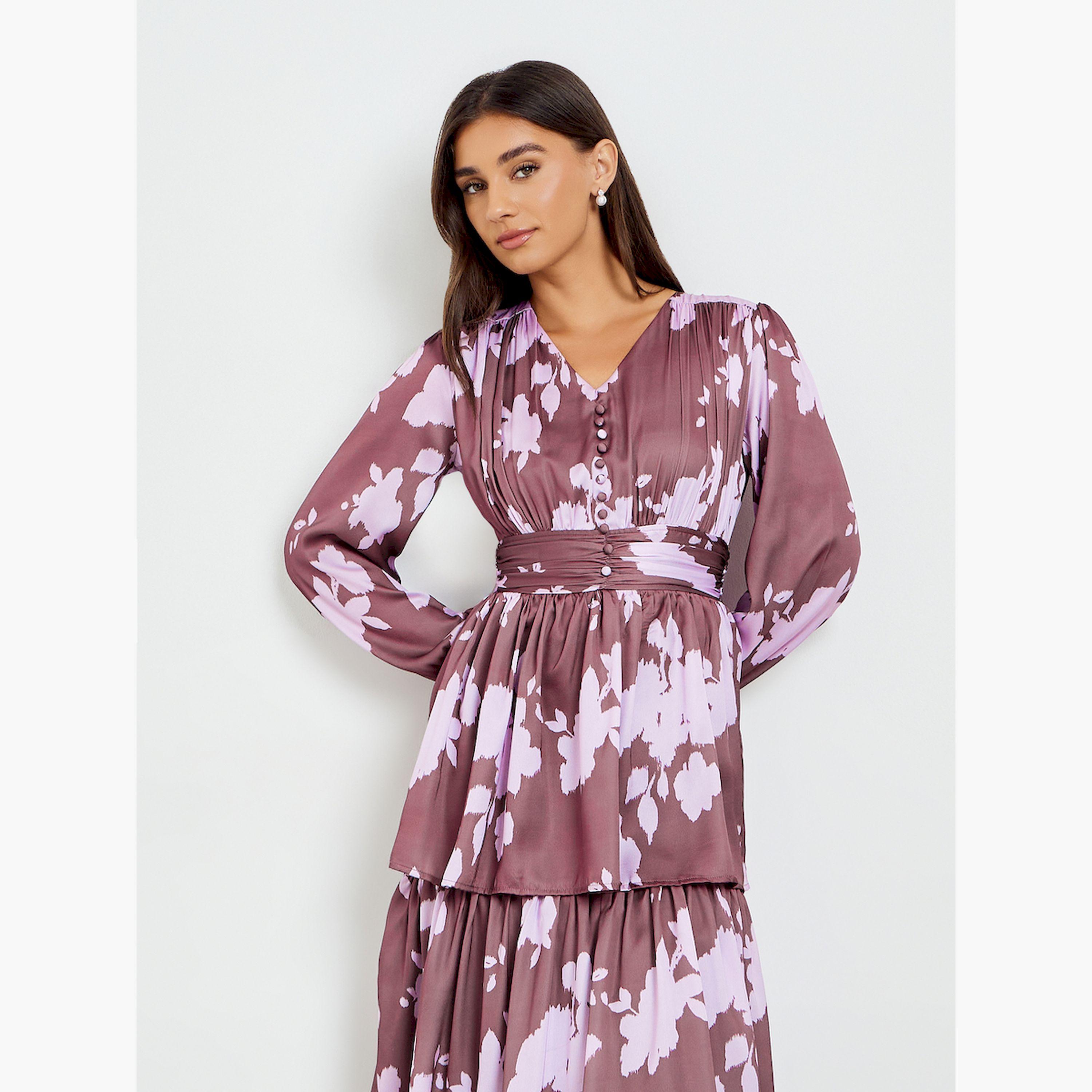 فستان طويل ساتان متعدد الطبقات بأكمام طويلة وطبعة زهور-women-clothing-dresses-image-2