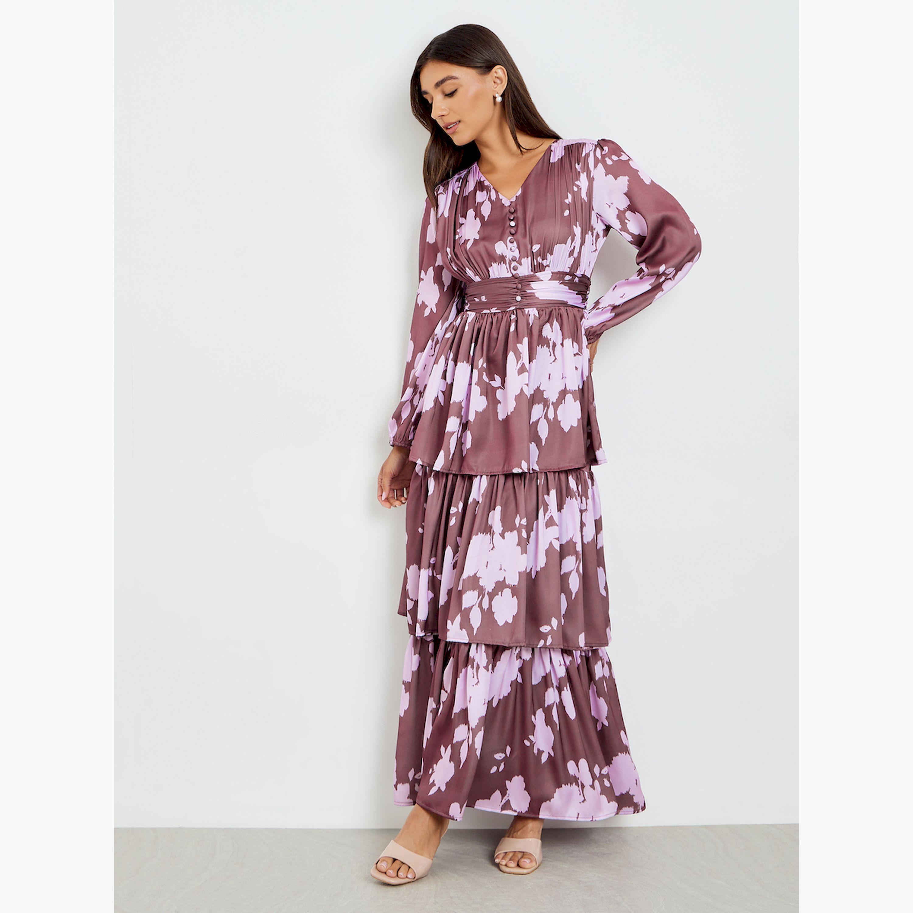 فستان طويل ساتان متعدد الطبقات بأكمام طويلة وطبعة زهور-women-clothing-dresses-image-3