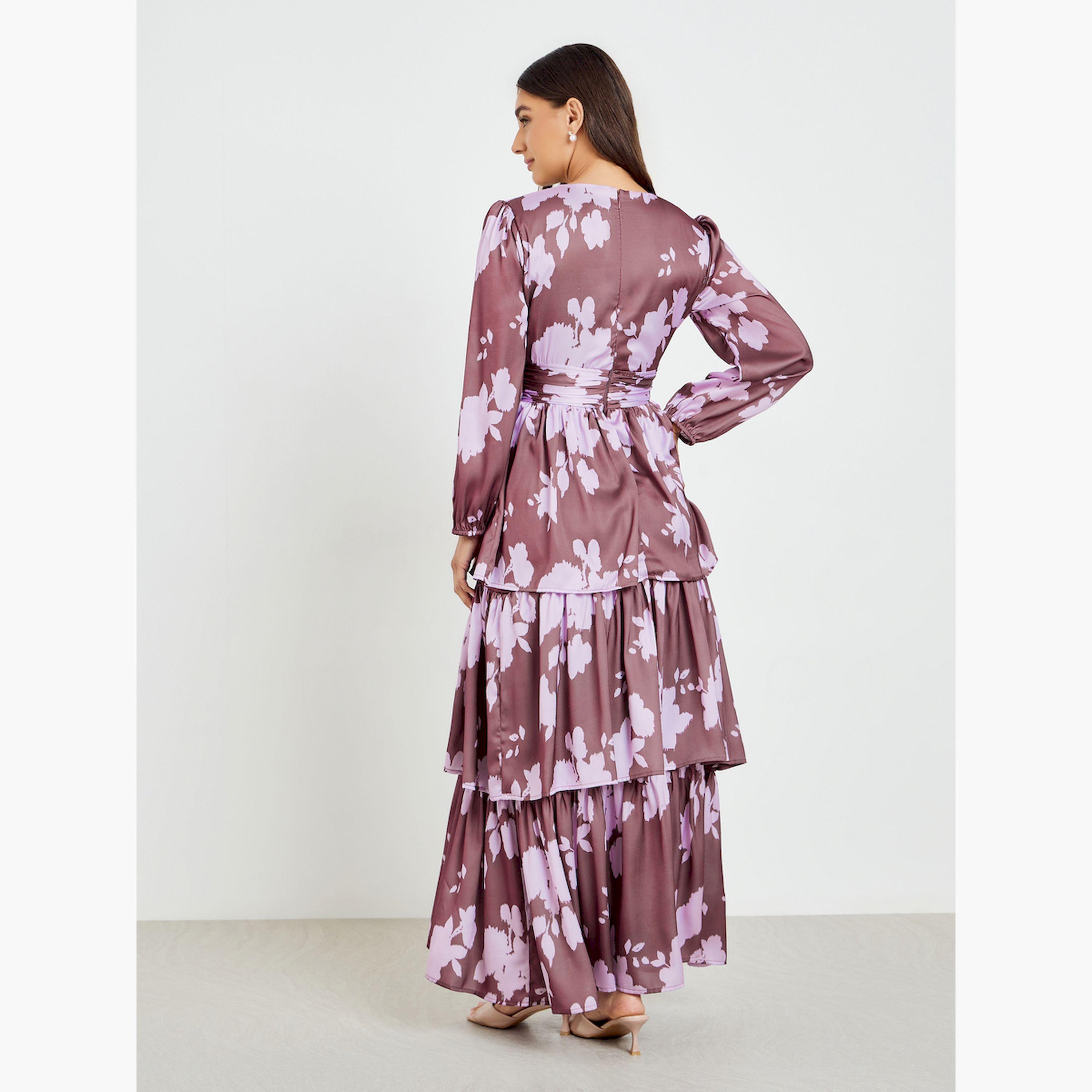 فستان طويل ساتان متعدد الطبقات بأكمام طويلة وطبعة زهور-women-clothing-dresses-image-4