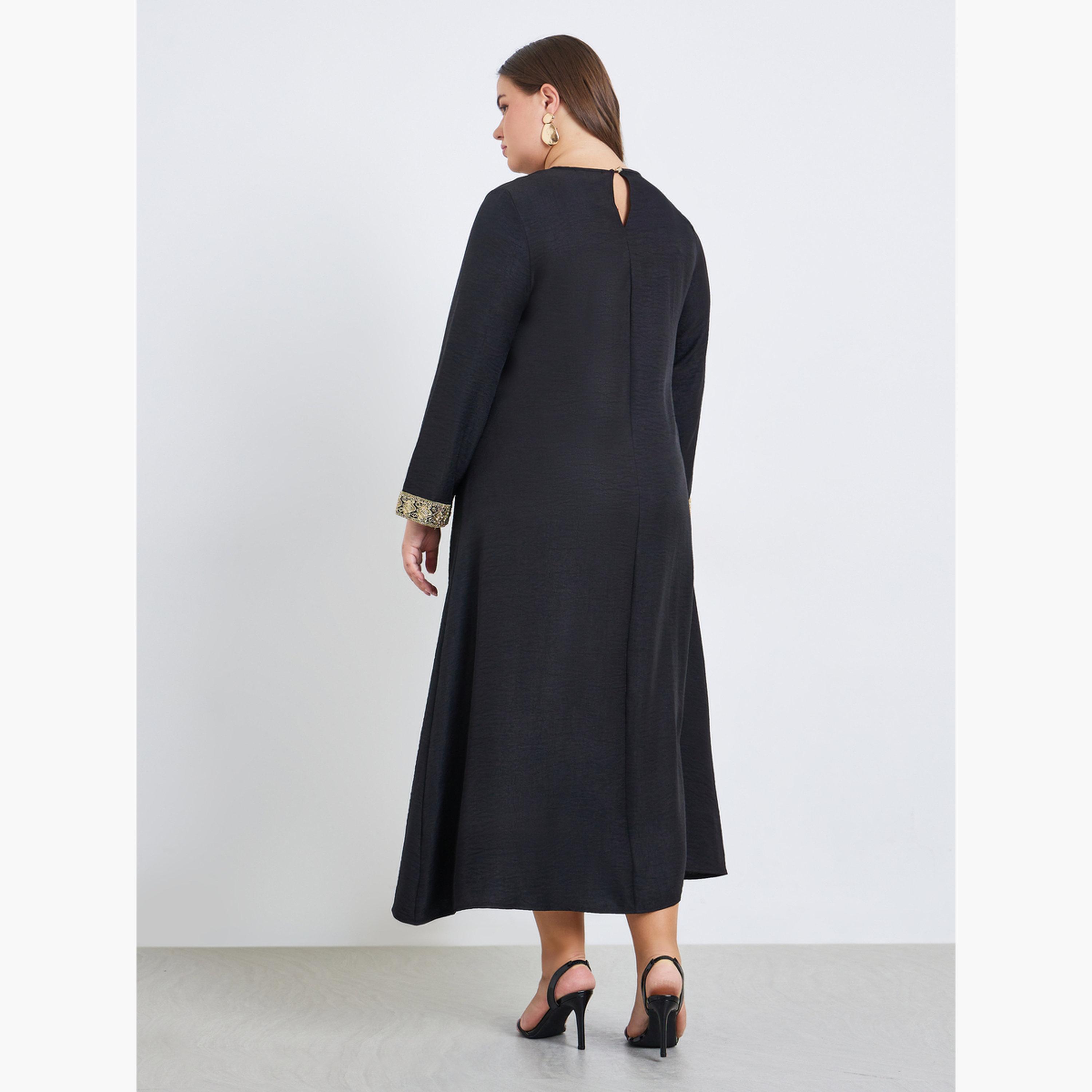 جلابية بمقاس كبير وأجزاء مطرزة-women-arabicclothing-jalabiyas-image-5