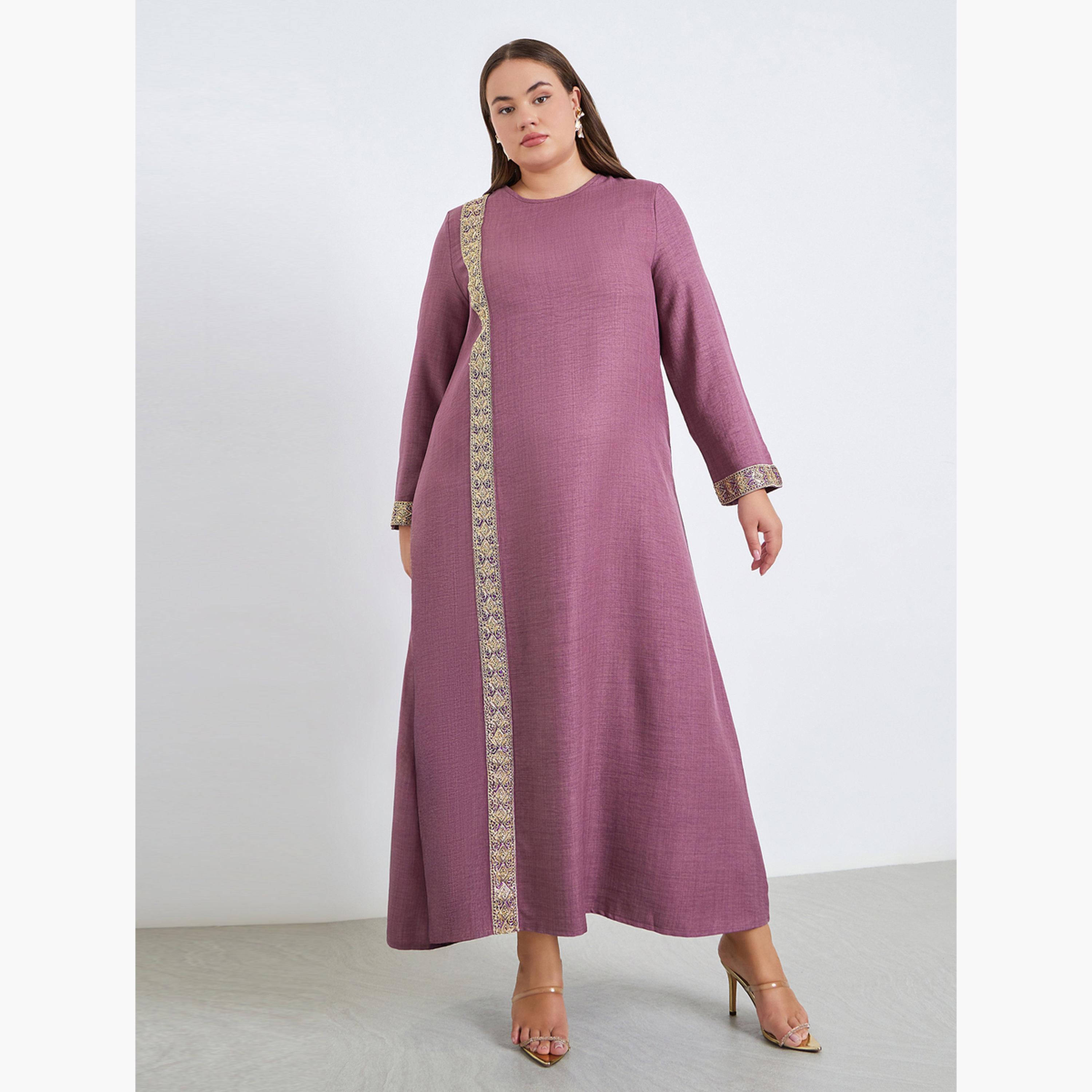 Styli Plus Size Pink Embroidered Panel Jalabiya-women-arabicclothing-jalabiyas-image-1