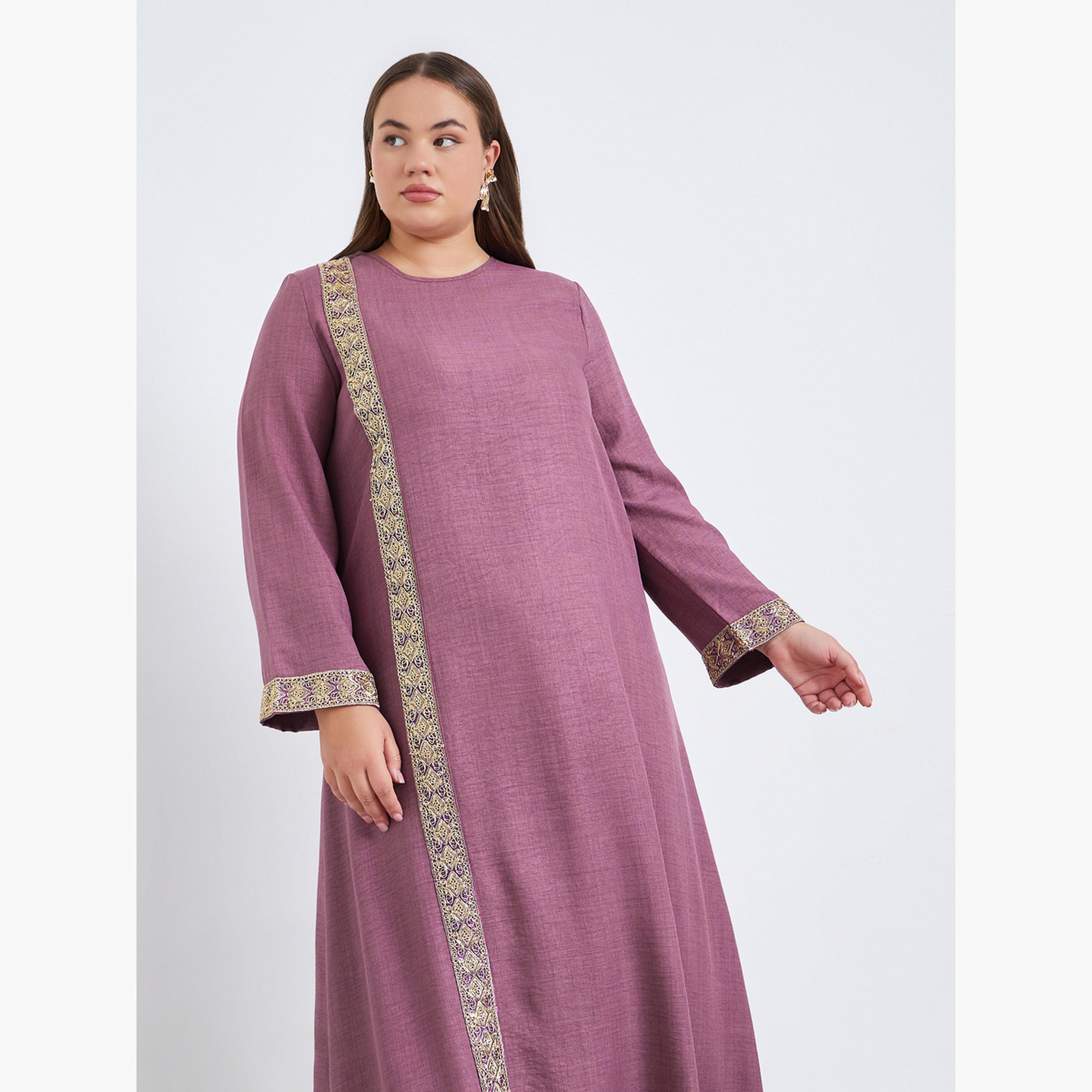 Styli Plus Size Pink Embroidered Panel Jalabiya-women-arabicclothing-jalabiyas-image-2