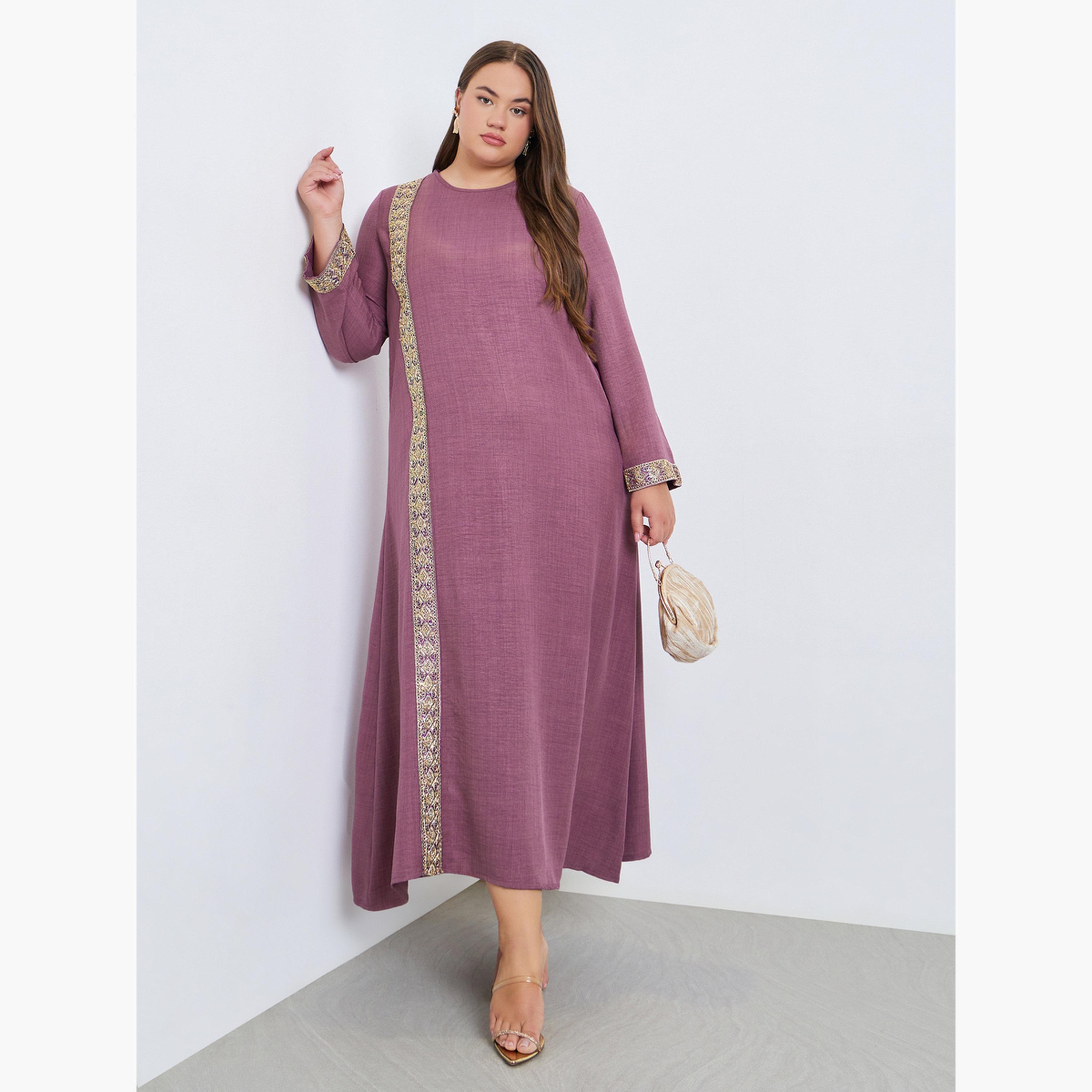 Styli Plus Size Pink Embroidered Panel Jalabiya-women-arabicclothing-jalabiyas-image-3
