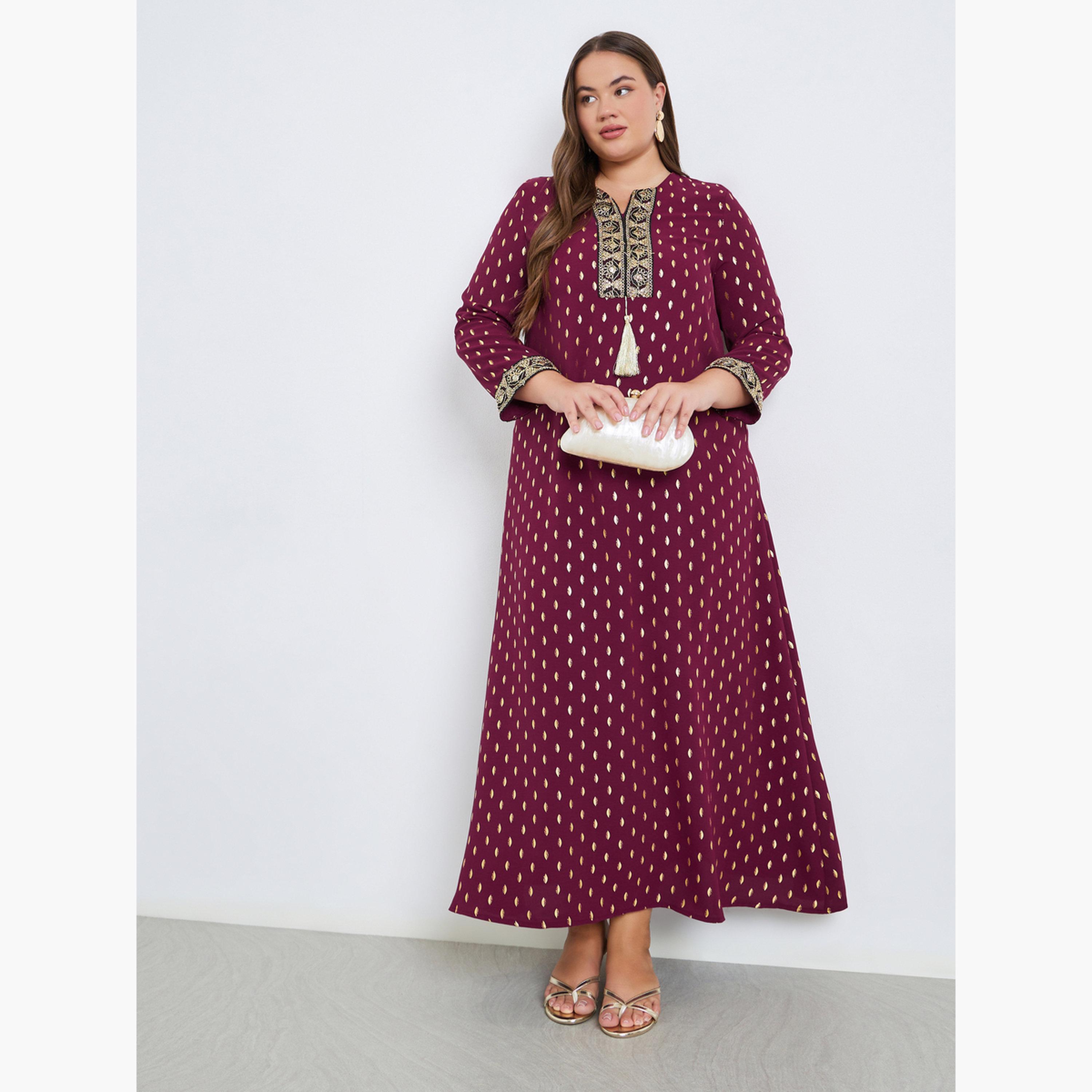 Styli Plus Size Foil Print Jalabiya with Tassel Trim-women-arabicclothing-jalabiyas-image-1
