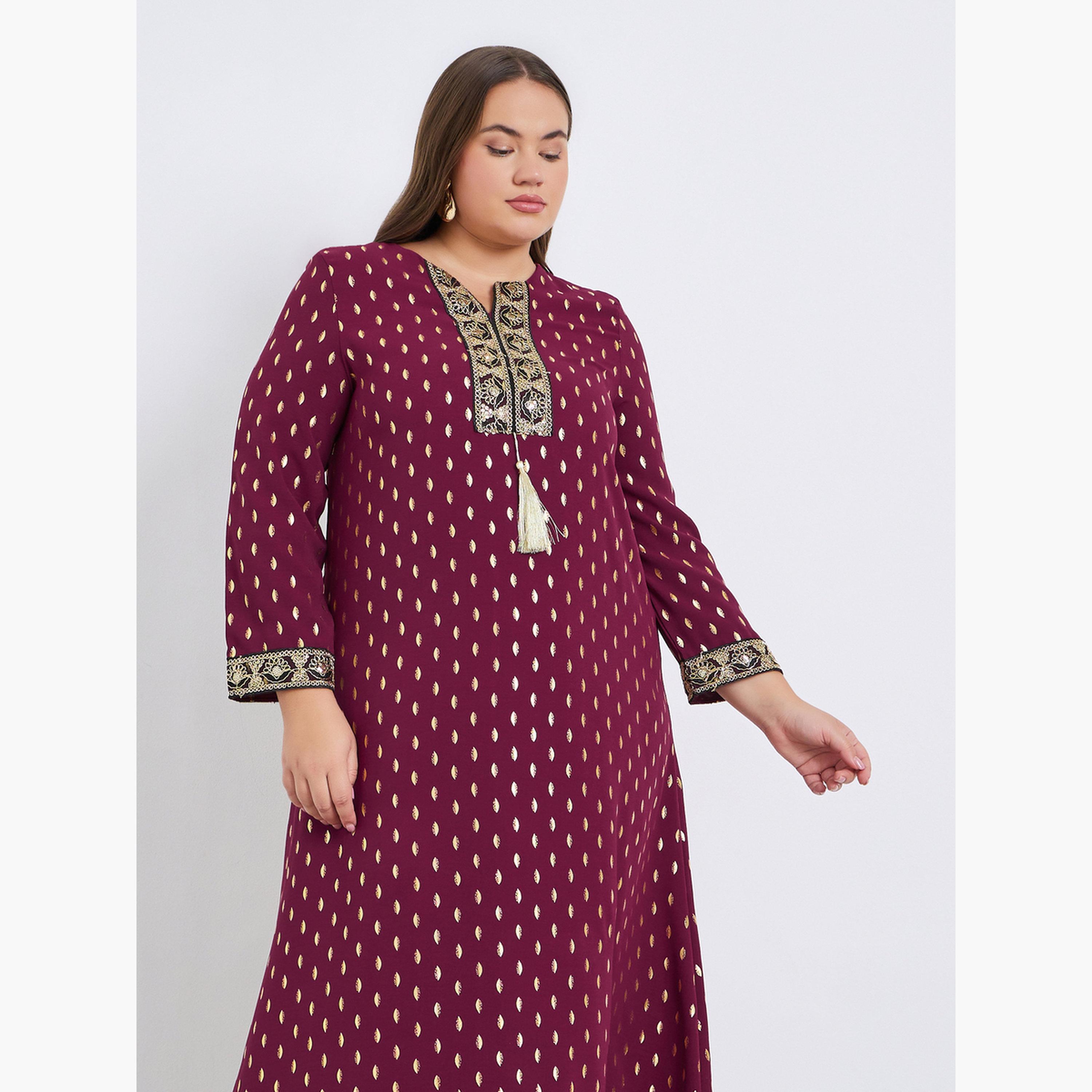 جلابية بمقاس كبير بطبعة فويل وتفاصيل شرابات-women-arabicclothing-jalabiyas-image-2