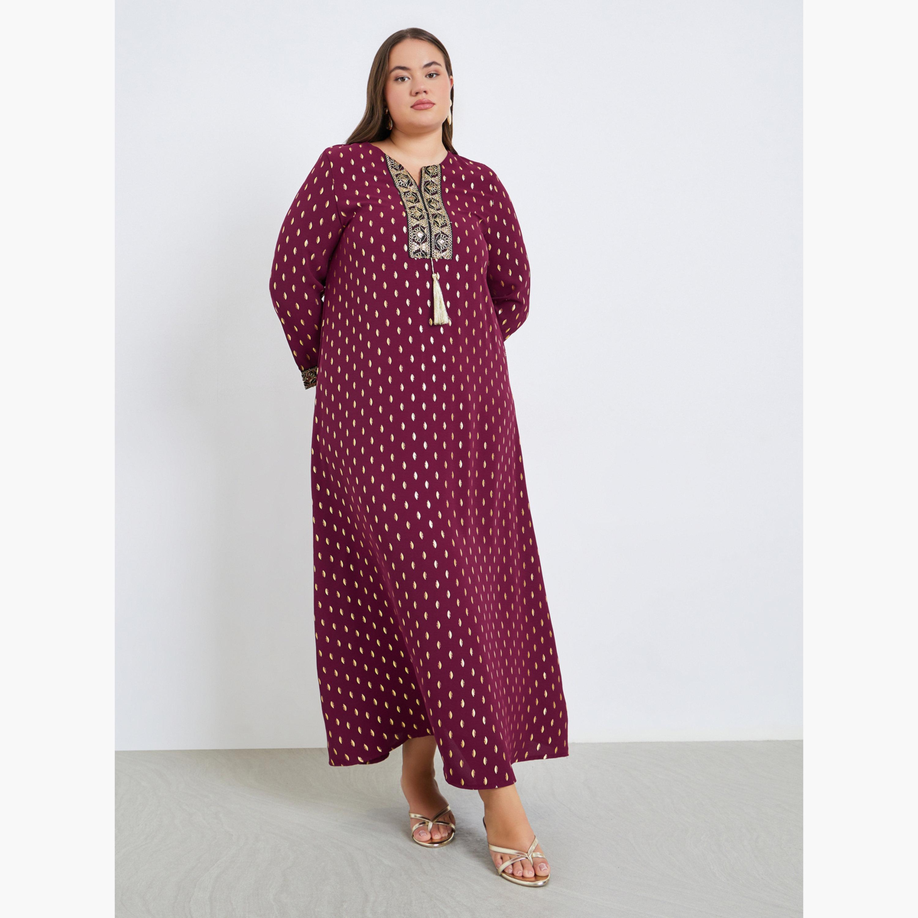 جلابية بمقاس كبير بطبعة فويل وتفاصيل شرابات-women-arabicclothing-jalabiyas-image-3