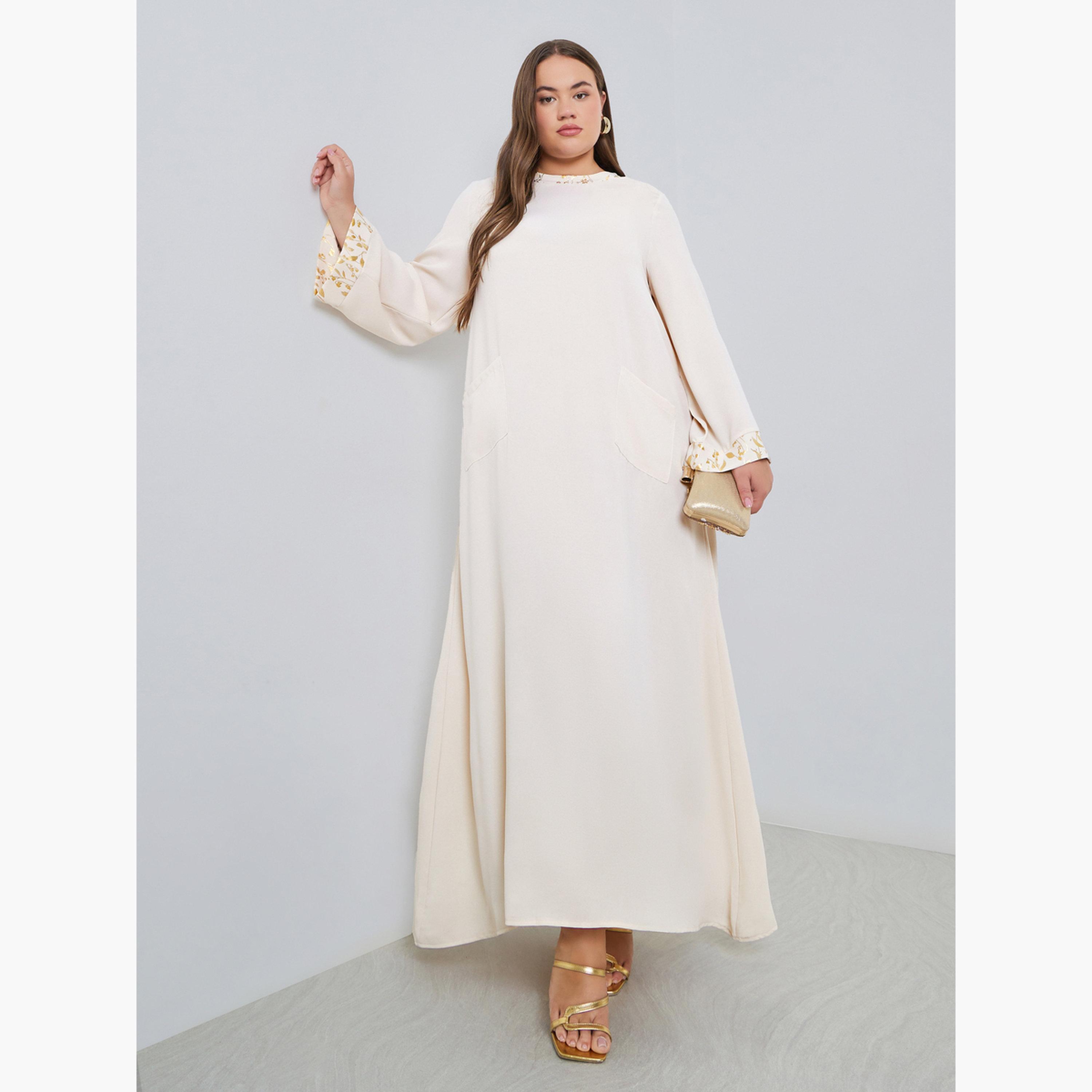 Styli Plus Size Foil Trim Jalabiya with Pocket-women-arabicclothing-jalabiyas-image-2