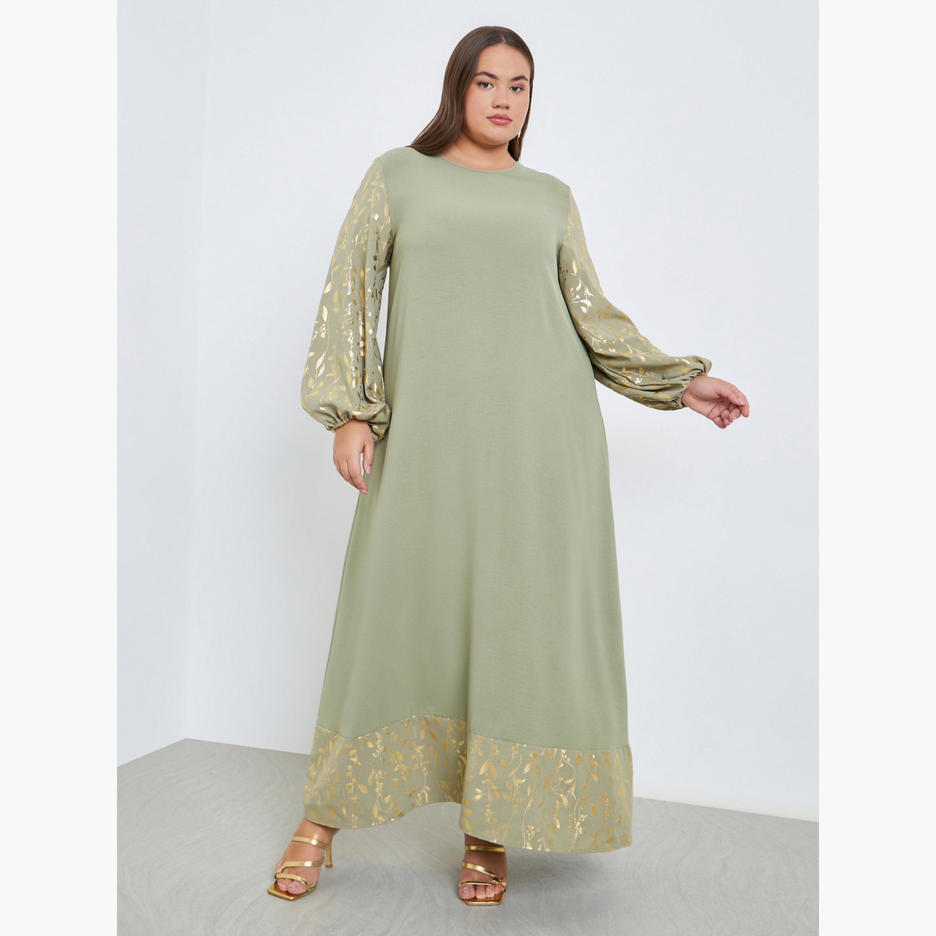 Styli Plus Size Foil Print Balloon Sleeve Jalabiya-women-arabicclothing-jalabiyas-image-1