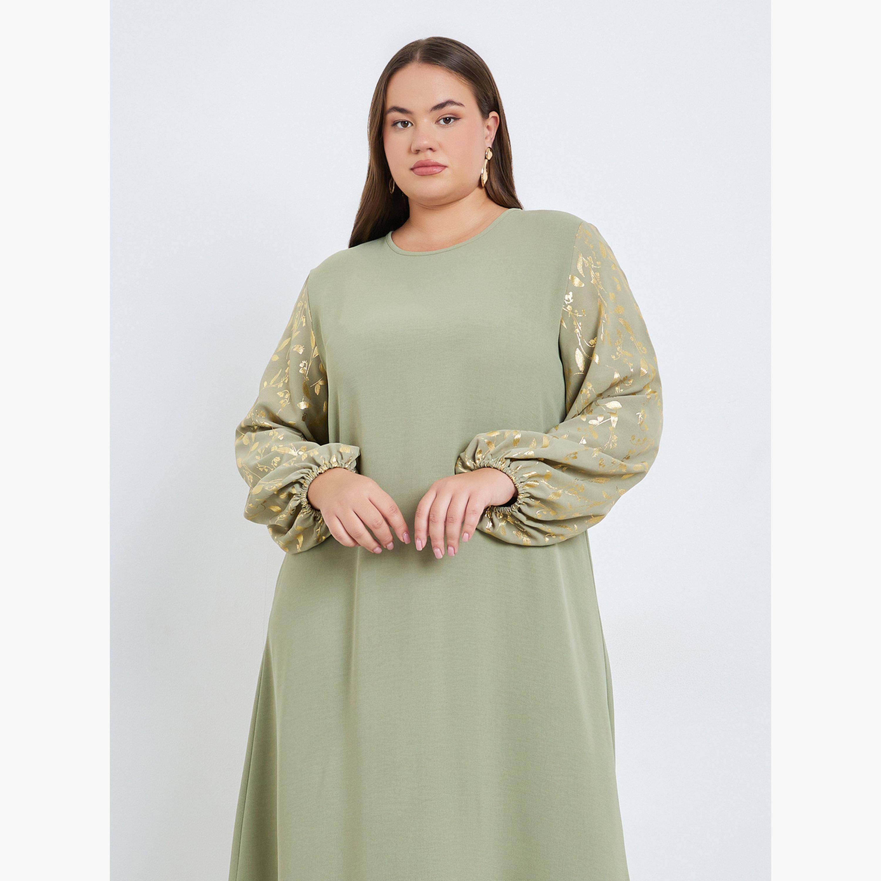 Styli Plus Size Foil Print Balloon Sleeve Jalabiya-women-arabicclothing-jalabiyas-image-2